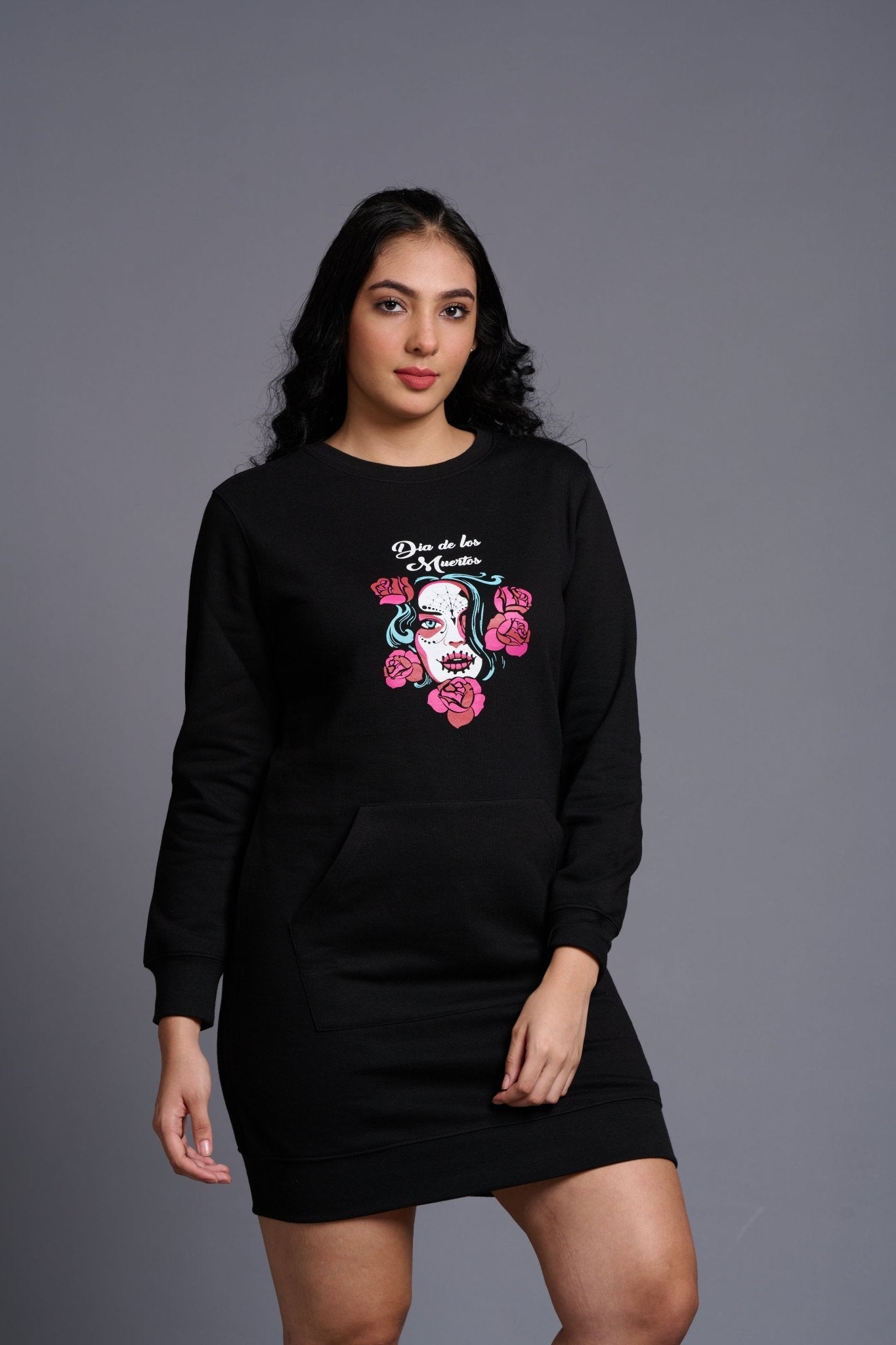 Dia De los Printed Black Sweatdress for Women - Go Devil