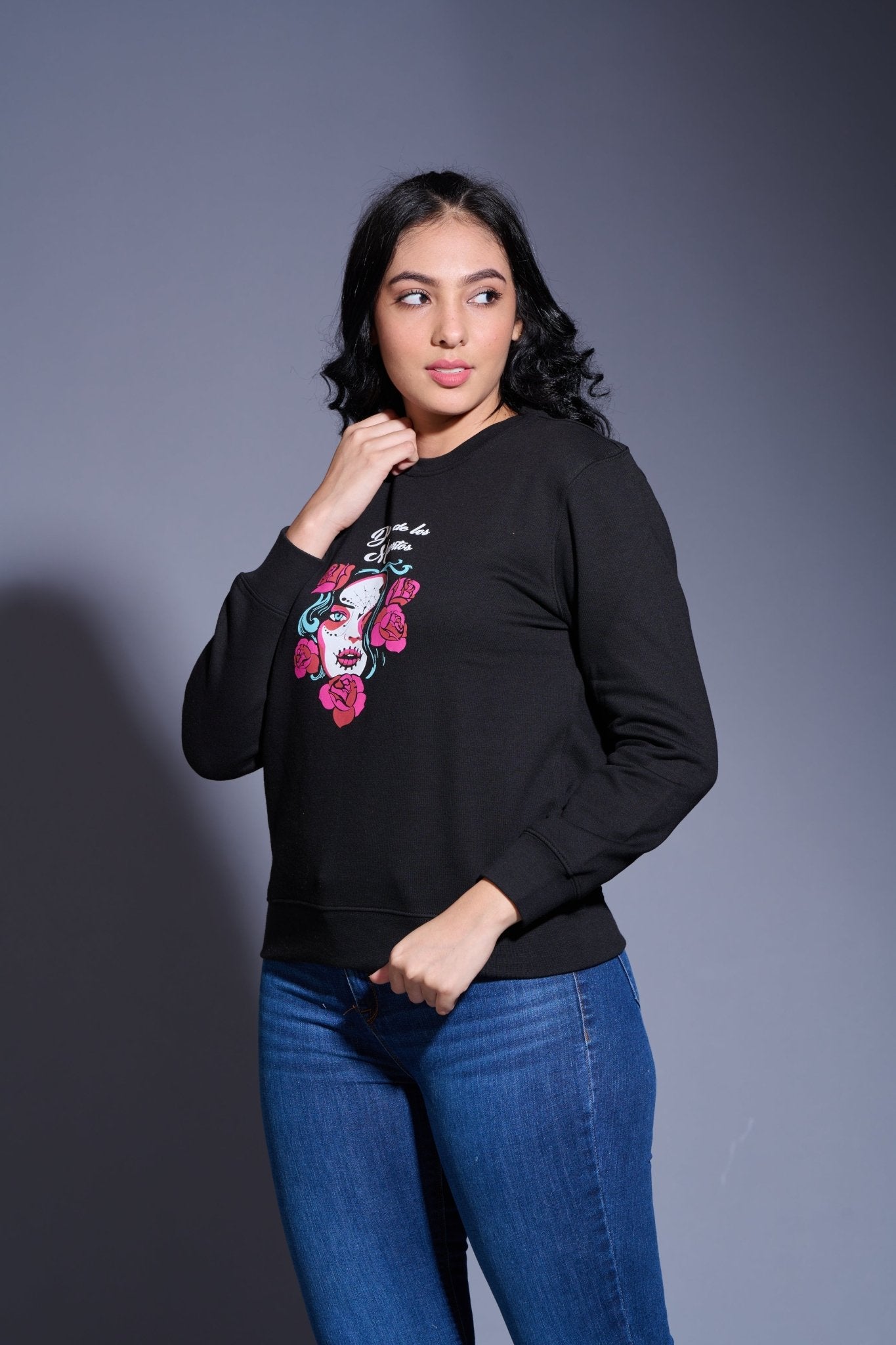 Dia De los Printed Black Sweatshirt for Women - Go Devil