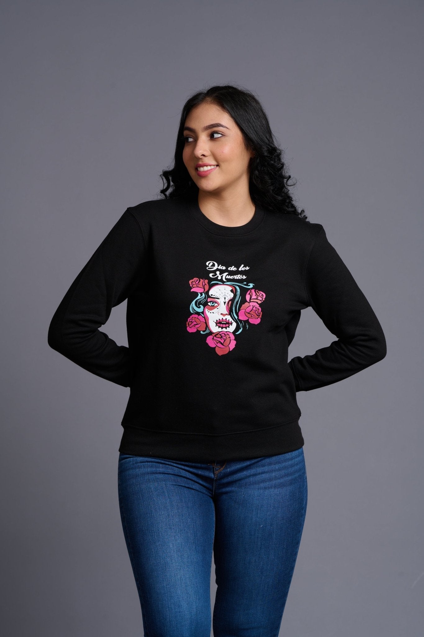 Dia De los Printed Black Sweatshirt for Women - Go Devil