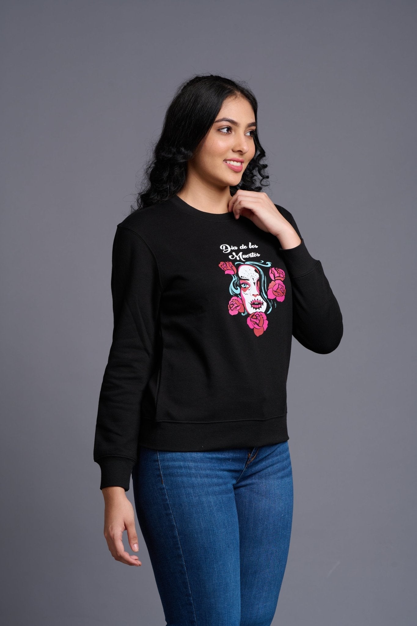 Dia De los Printed Black Sweatshirt for Women - Go Devil