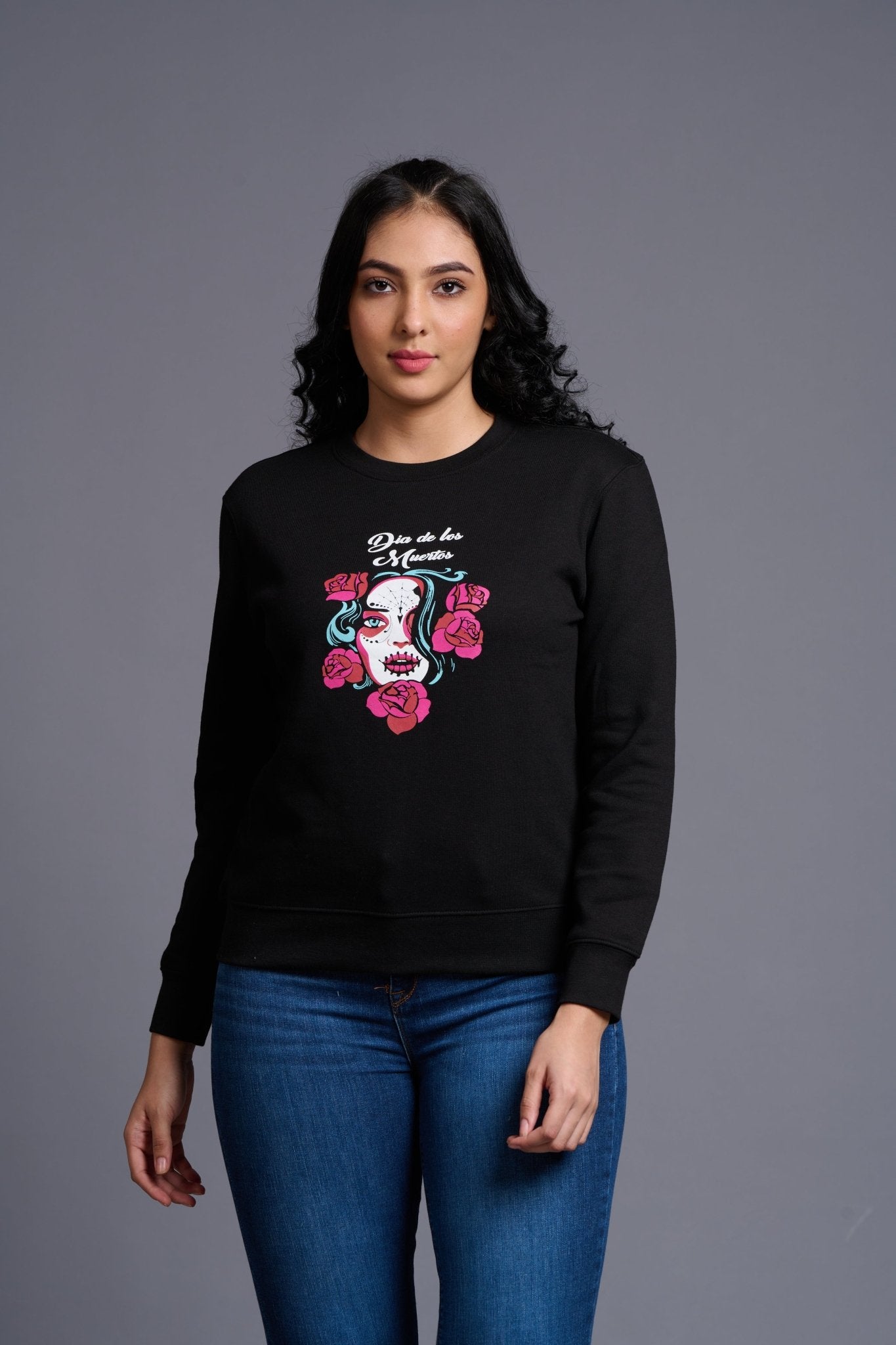 Dia De los Printed Black Sweatshirt for Women - Go Devil