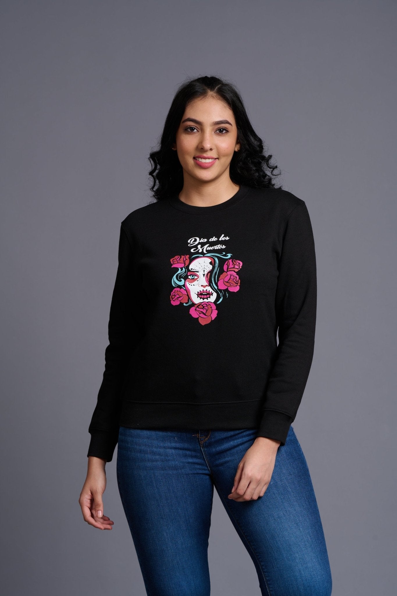 Dia De los Printed Black Sweatshirt for Women - Go Devil