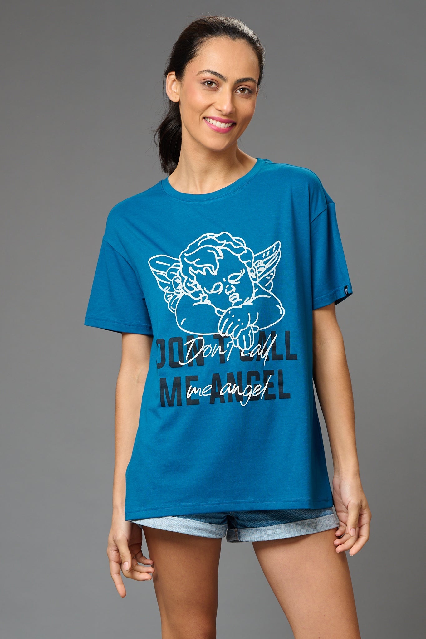 Don't Call Me Angel Printed Oversized T-Shirt for Women - Go Devil