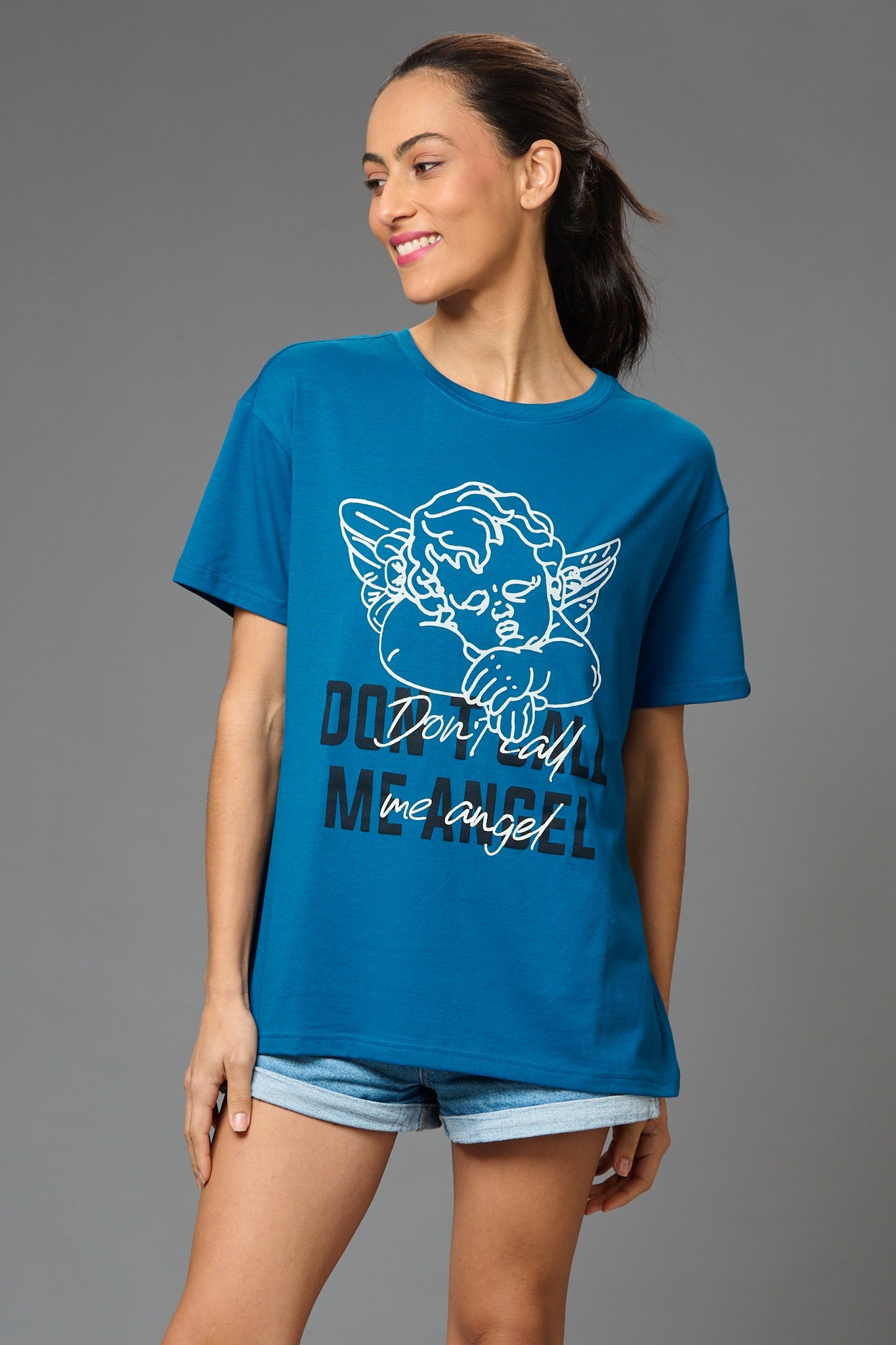 Don't Call Me Angel Printed Oversized T-Shirt for Women - Go Devil