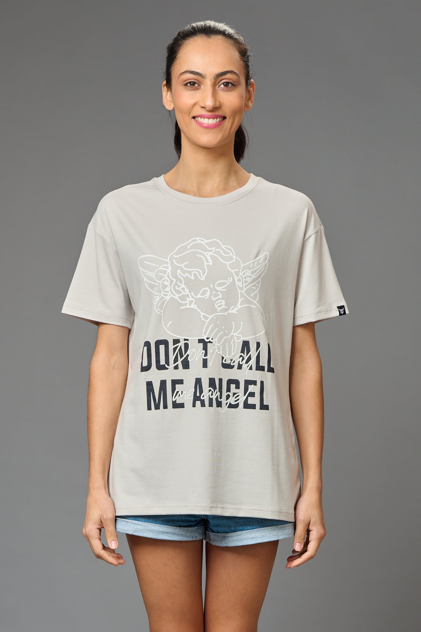 Don't Call me Angel Printed White Oversized T-Shirt for Women - Go Devil