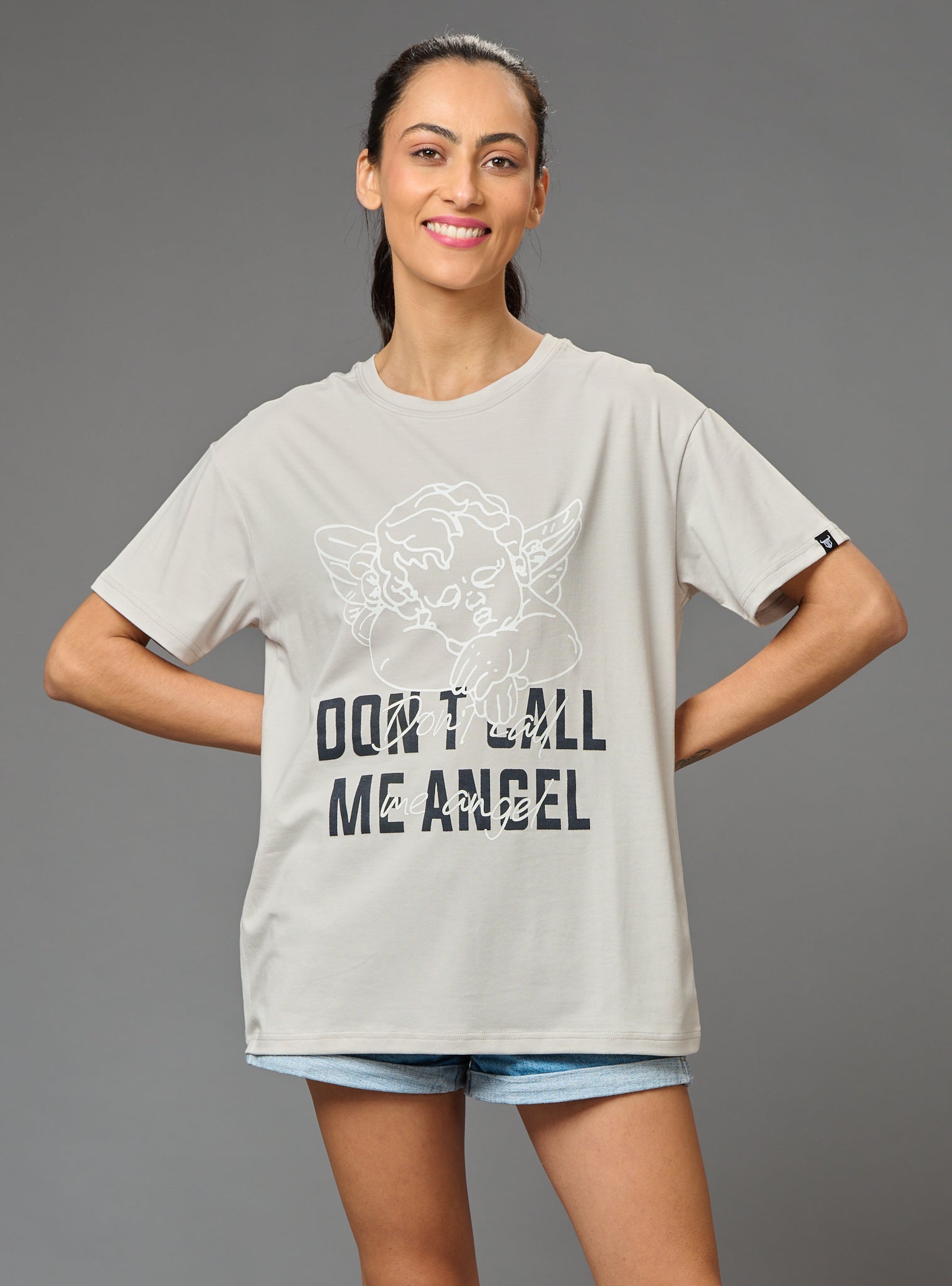 Don't Call me Angel Printed White Oversized T-Shirt for Women - Go Devil