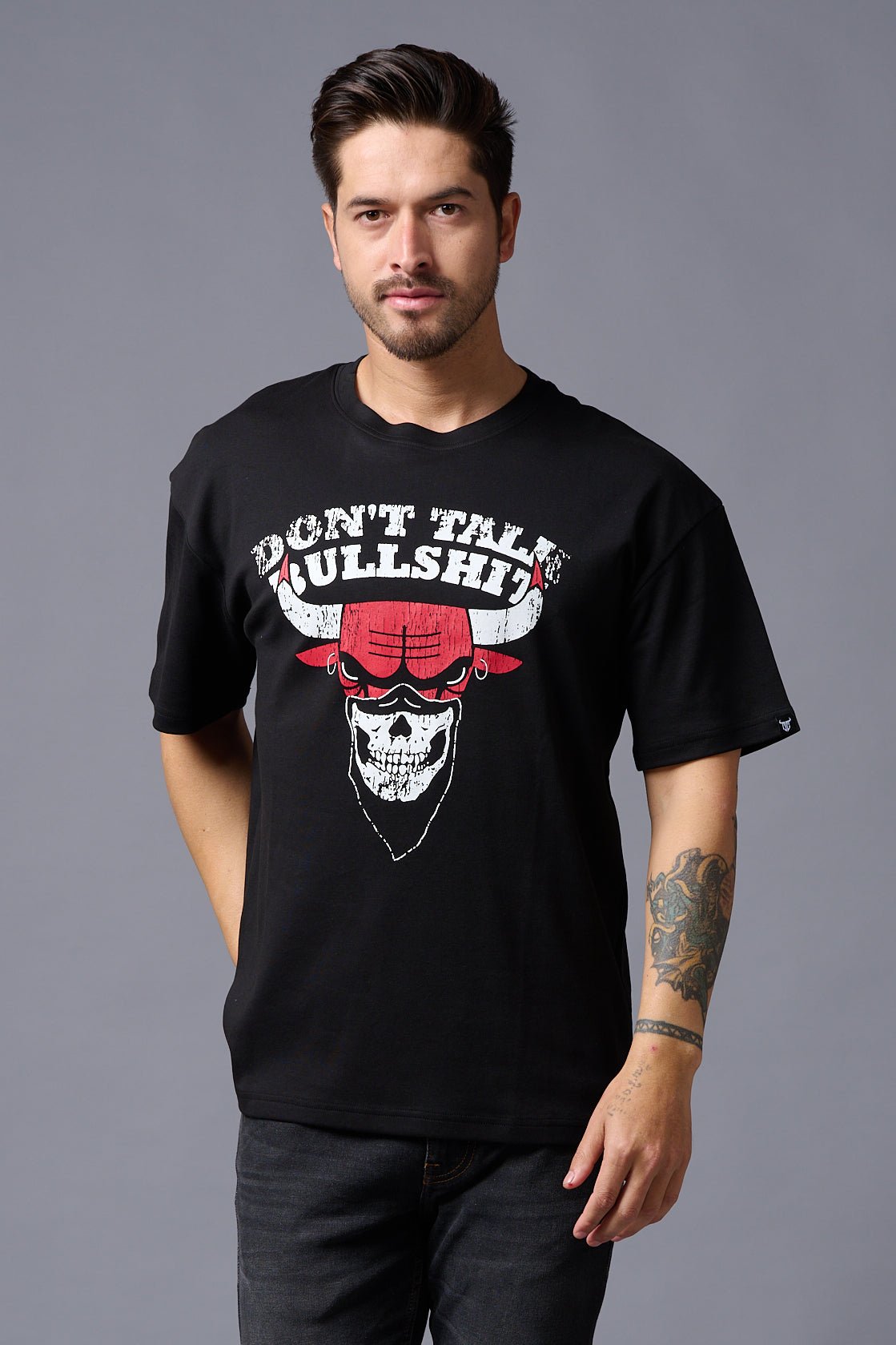 Don't Talk Bullshit with Bull (in White) Printed Black Oversized T-Shirt for Men - Go Devil