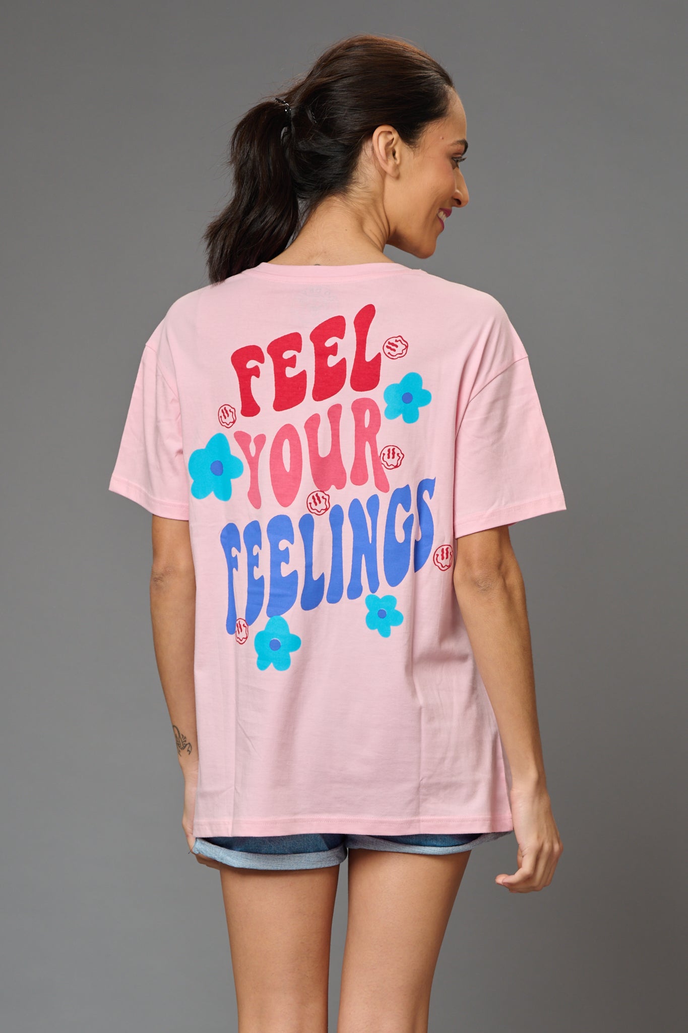 Feel Your Feelings Printed Baby Pink Oversized T-Shirt for Women - Go Devil
