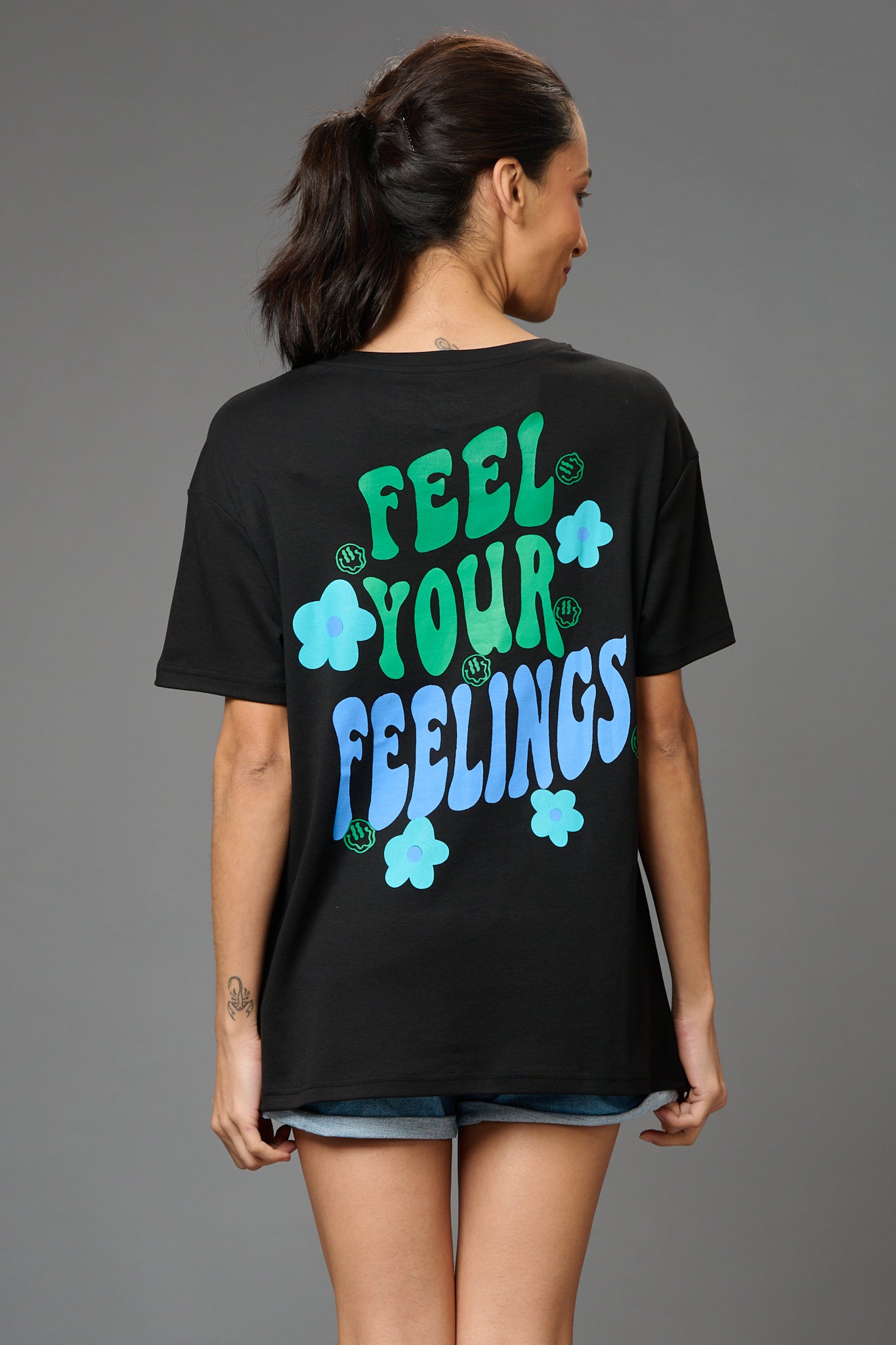 Feel Your Feelings Printed Black Oversized T-Shirt for Women - Go Devil