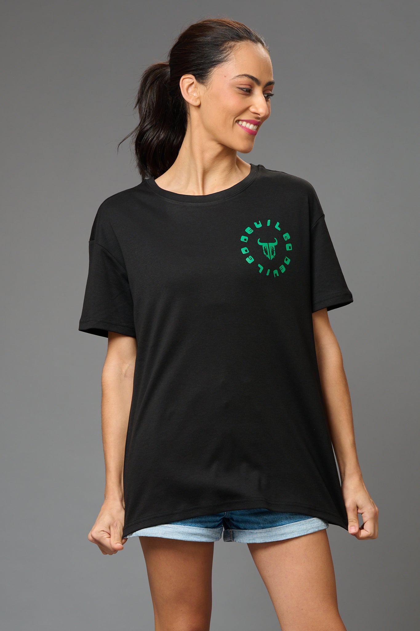Feel Your Feelings Printed Black Oversized T-Shirt for Women - Go Devil