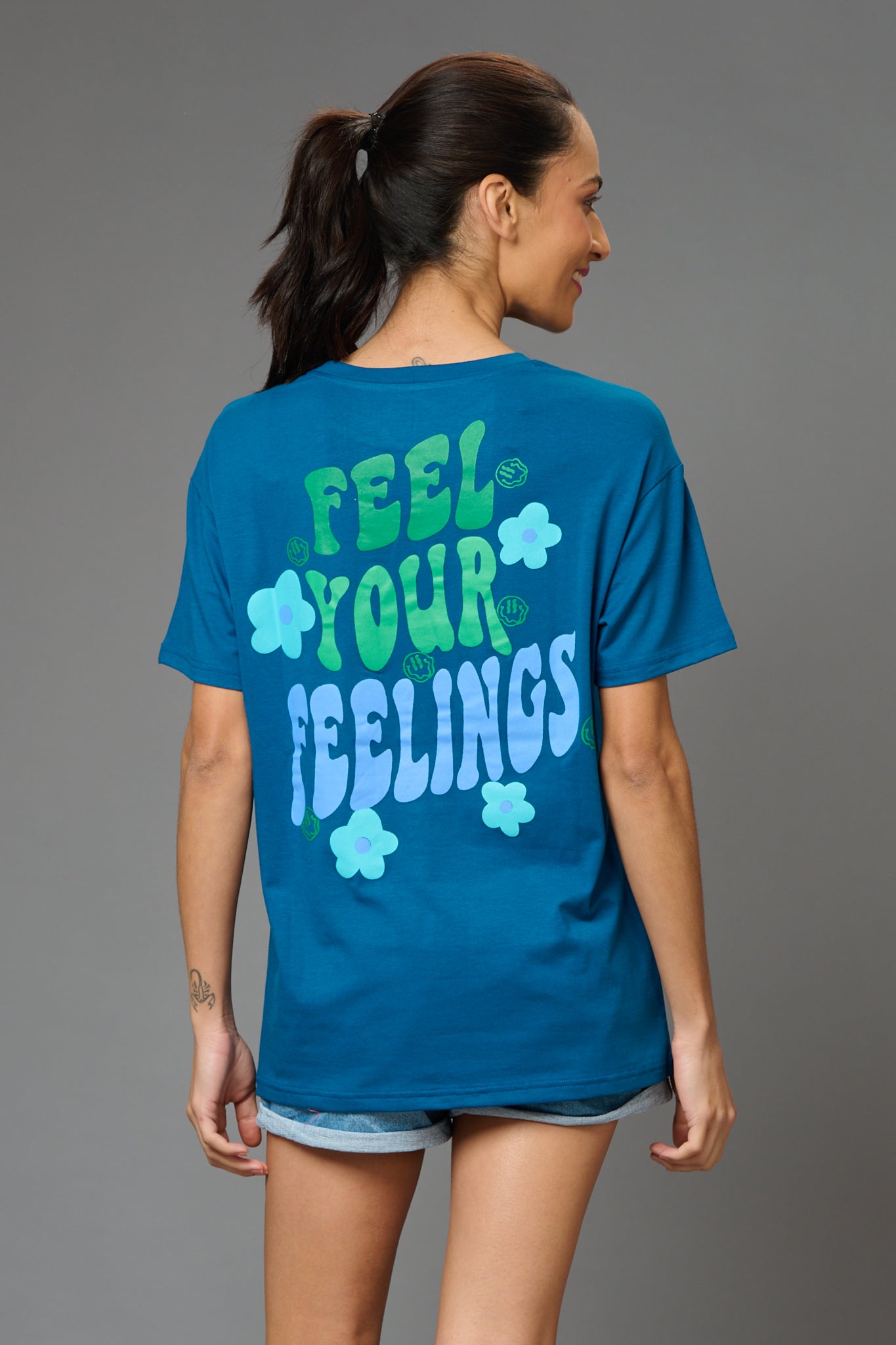 Feel Your Feelings Printed Blue Oversized T-Shirt for Women - Go Devil