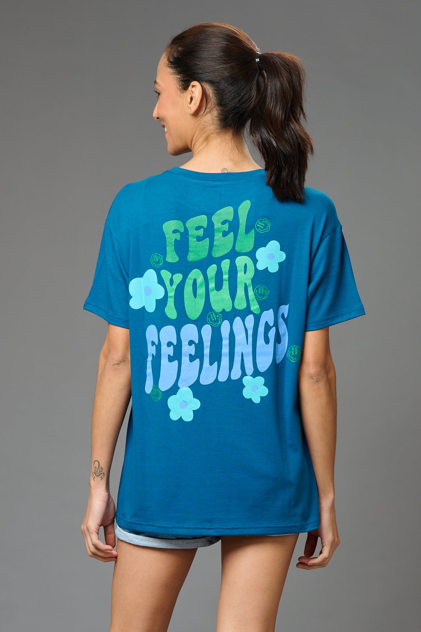 Feel Your Feelings Printed Blue Oversized T-Shirt for Women - Go Devil