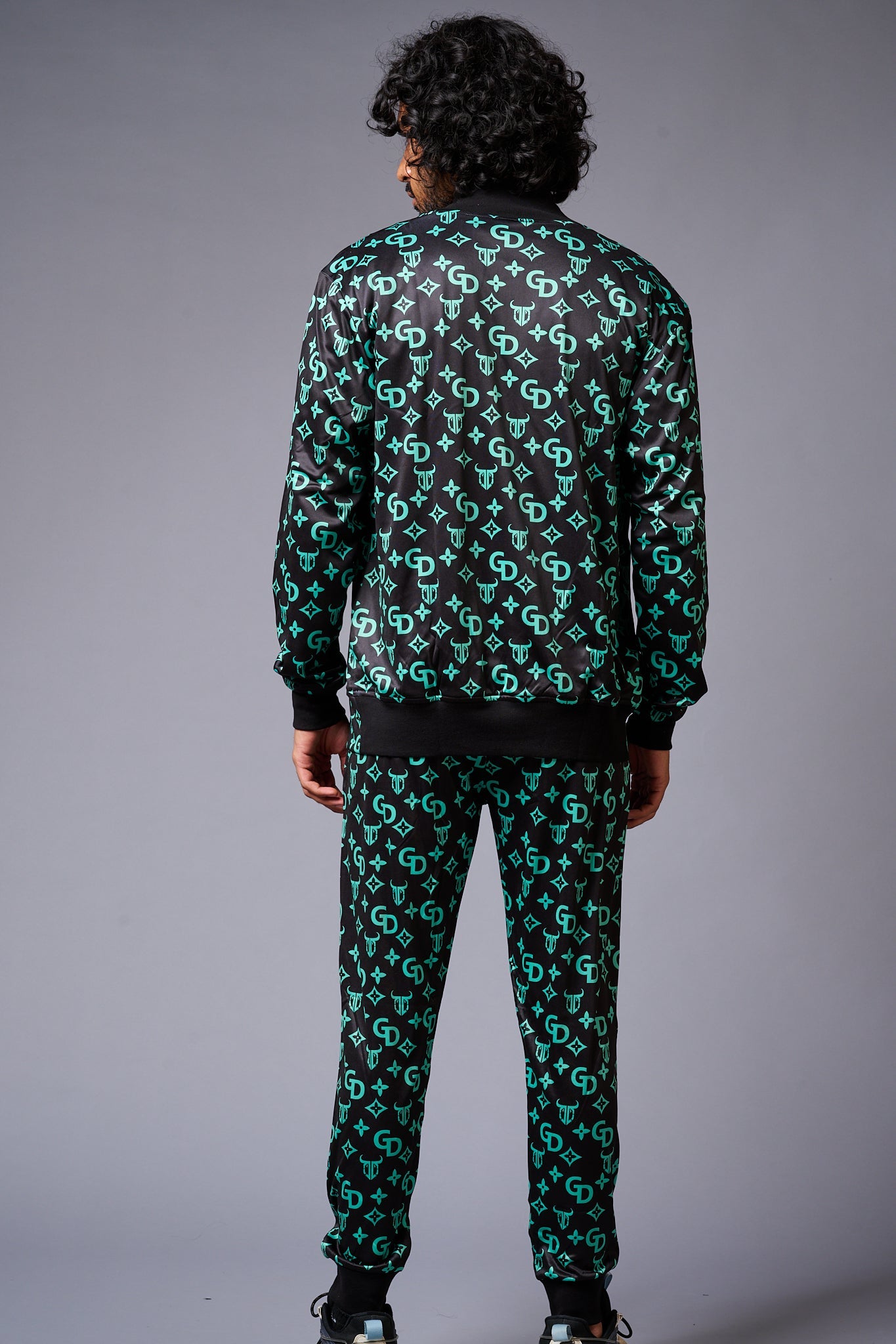 GD (in Green) with Logo Printed Black Bomber Style Jacket with Pant Co-ord Set for Men - Go Devil