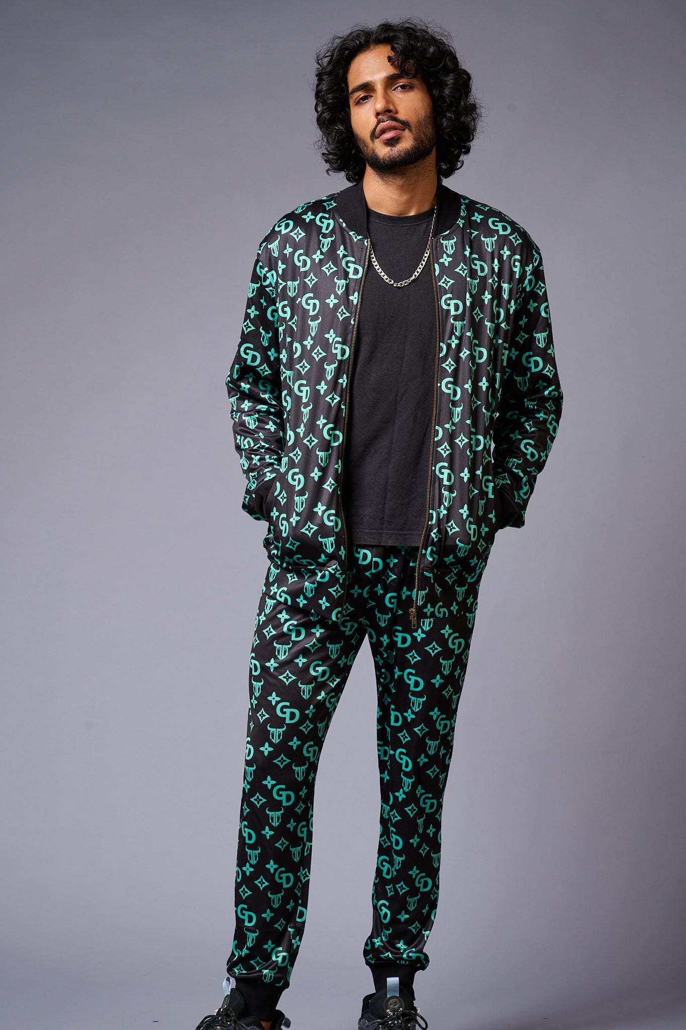 GD (in Green) with Logo Printed Black Bomber Style Jacket with Pant Co-ord Set for Men - Go Devil