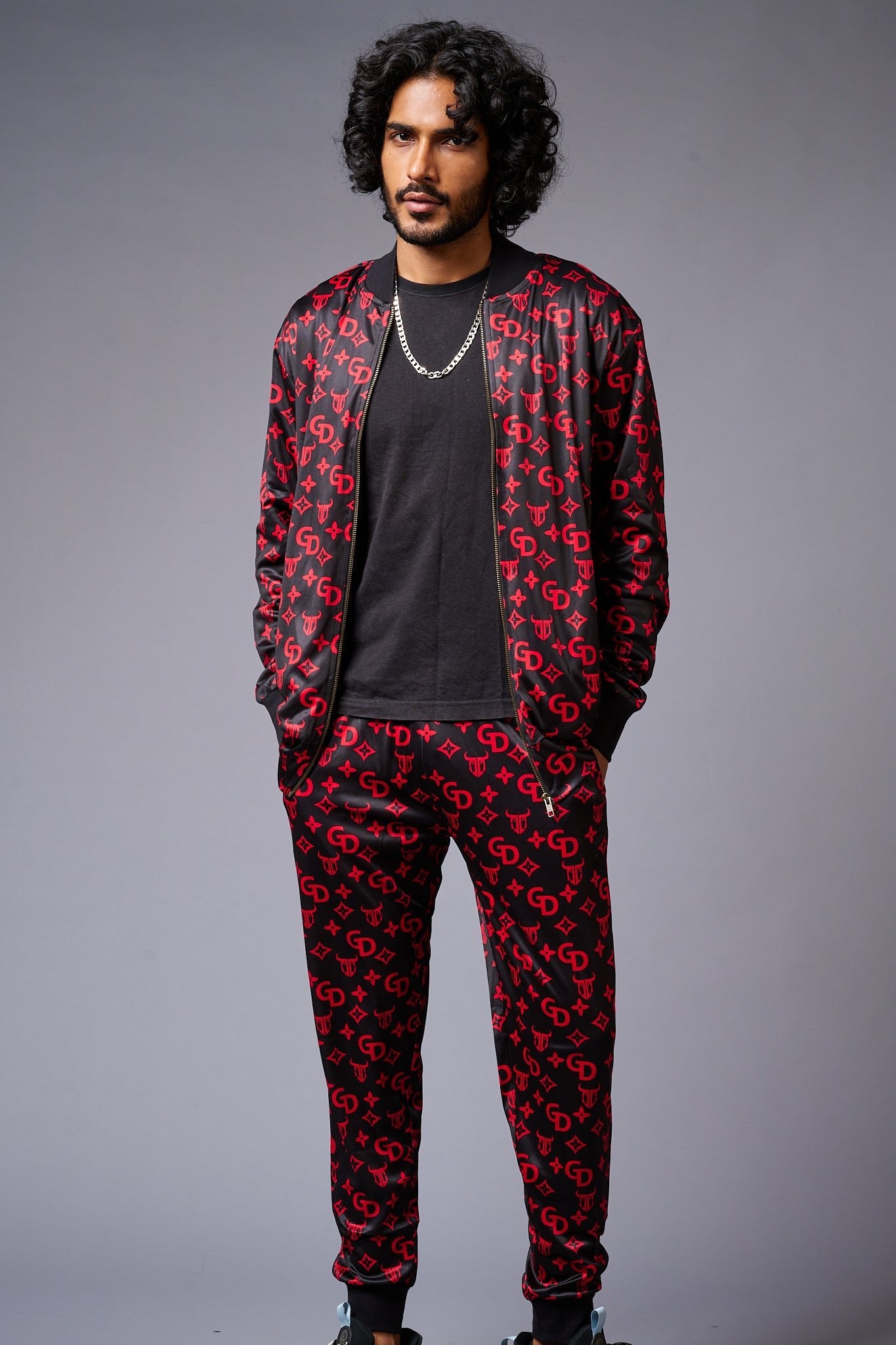 GD (in Red) with Logo Printed Black Bomber Style Jacket with Pant Co-ord Set for Men - Go Devil