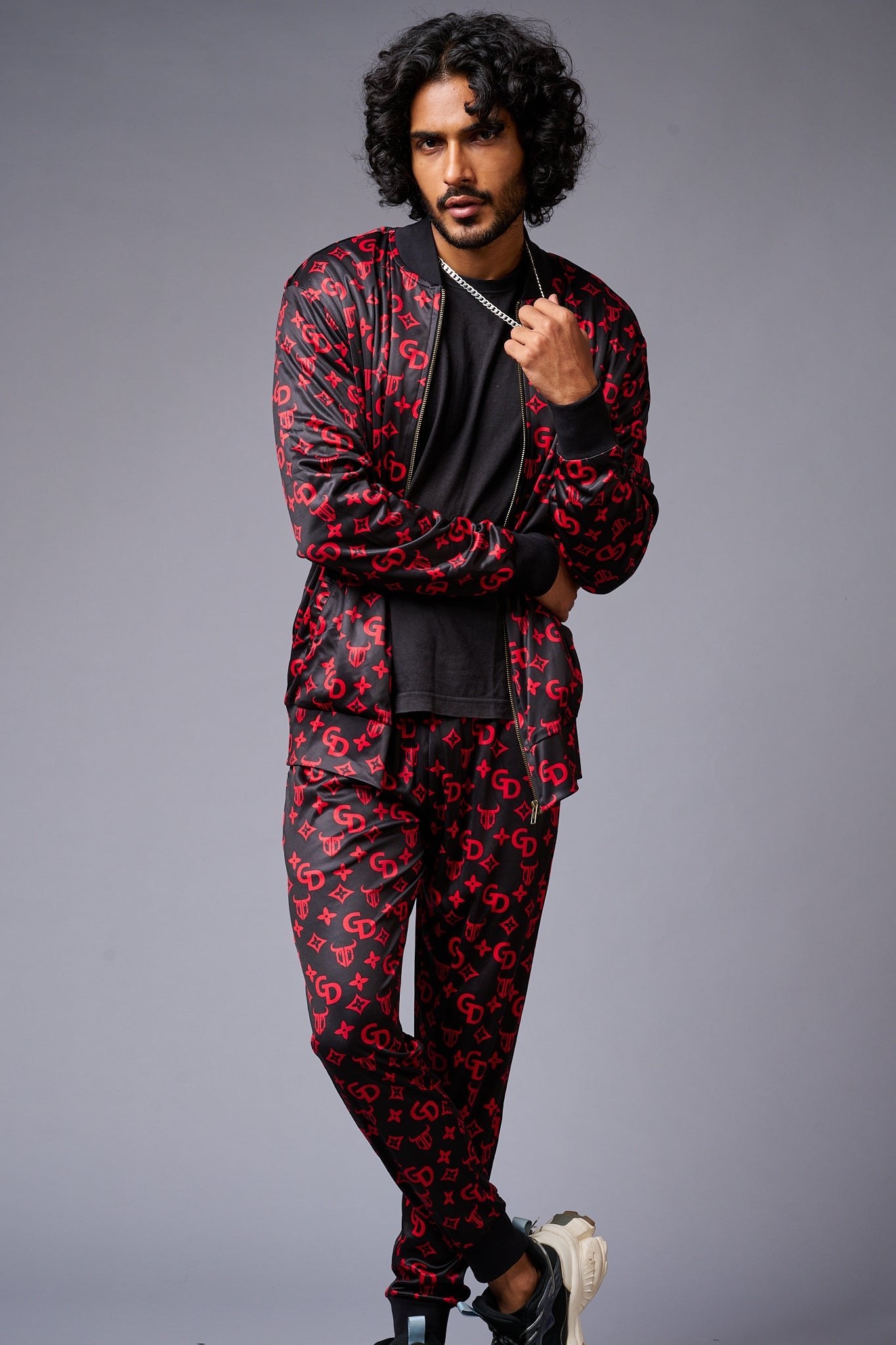 GD (in Red) with Logo Printed Black Bomber Style Jacket with Pant Co-ord Set for Men - Go Devil
