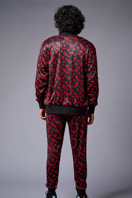GD (in Red) with Logo Printed Black Bomber Style Jacket with Pant Co-ord Set for Men - Go Devil