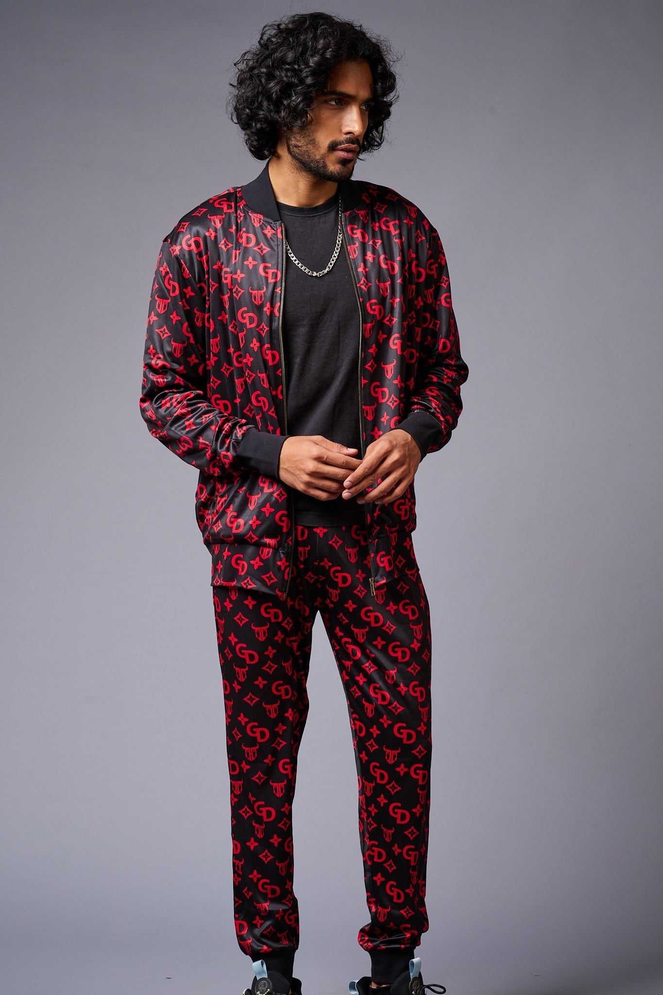 GD (in Red) with Logo Printed Black Bomber Style Jacket with Pant Co-ord Set for Men - Go Devil
