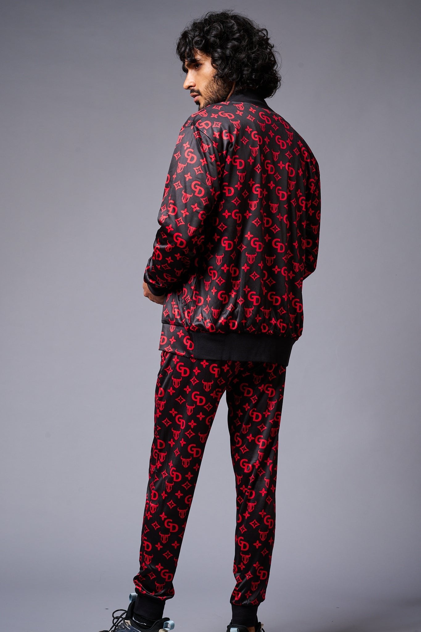 GD (in Red) with Logo Printed Black Bomber Style Jacket with Pant Co-ord Set for Men - Go Devil