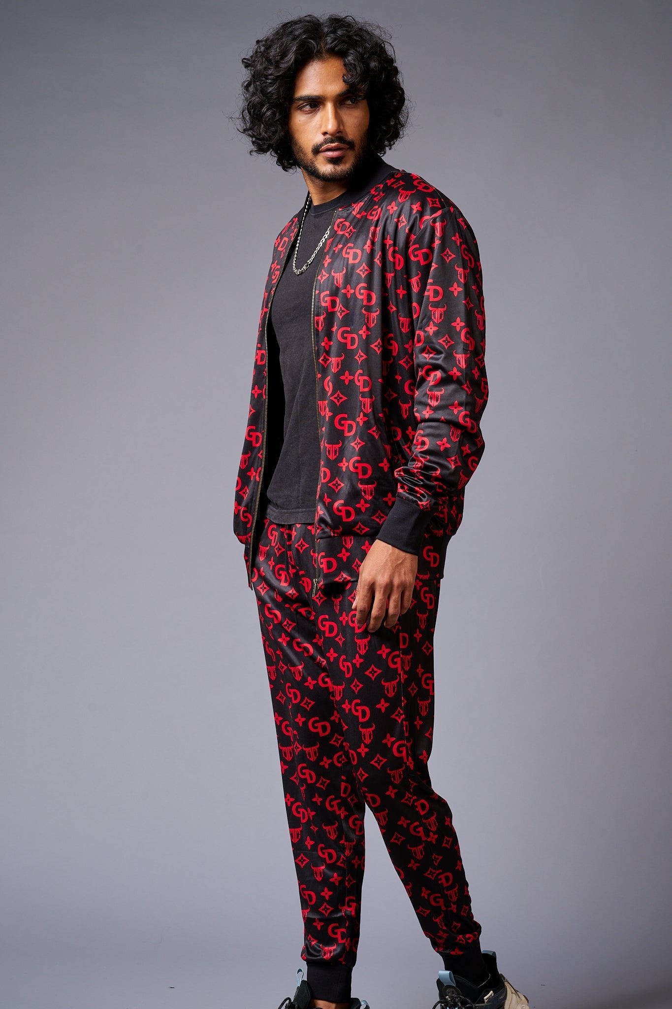 GD (in Red) with Logo Printed Black Bomber Style Jacket with Pant Co-ord Set for Men - Go Devil