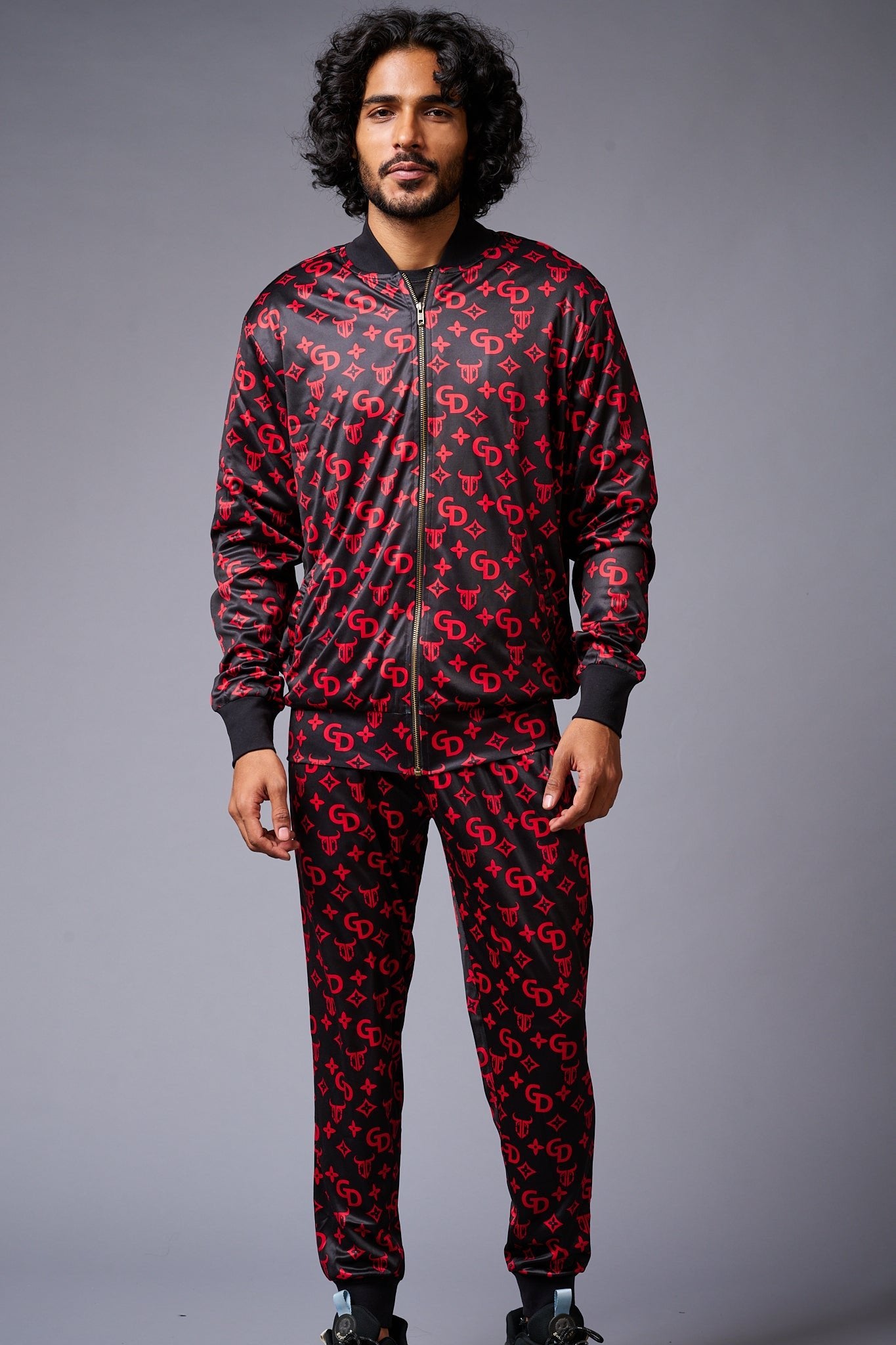 GD (in Red) with Logo Printed Black Bomber Style Jacket with Pant Co-ord Set for Men - Go Devil
