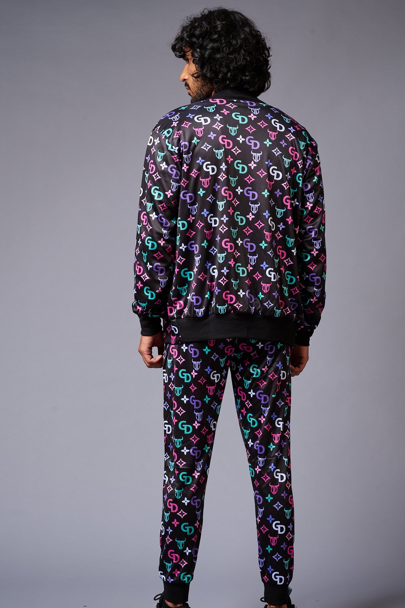 GD Logo Colourful Printed Black Bomber Style Jacket with Pant Co-ord Set for Men - Go Devil