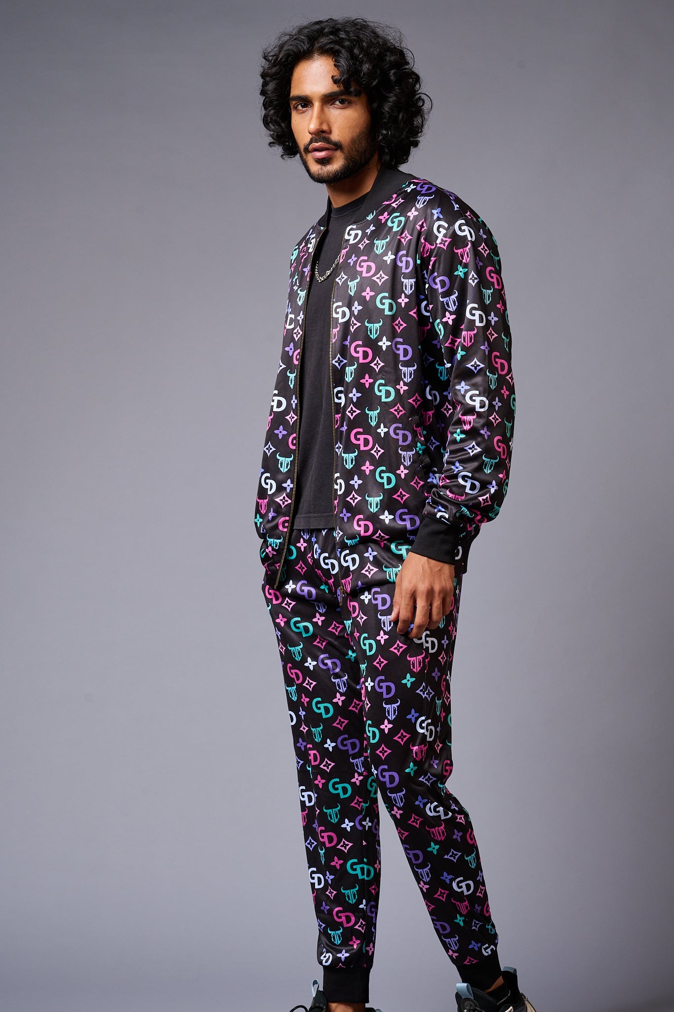 GD Logo Colourful Printed Black Bomber Style Jacket with Pant Co-ord Set for Men - Go Devil