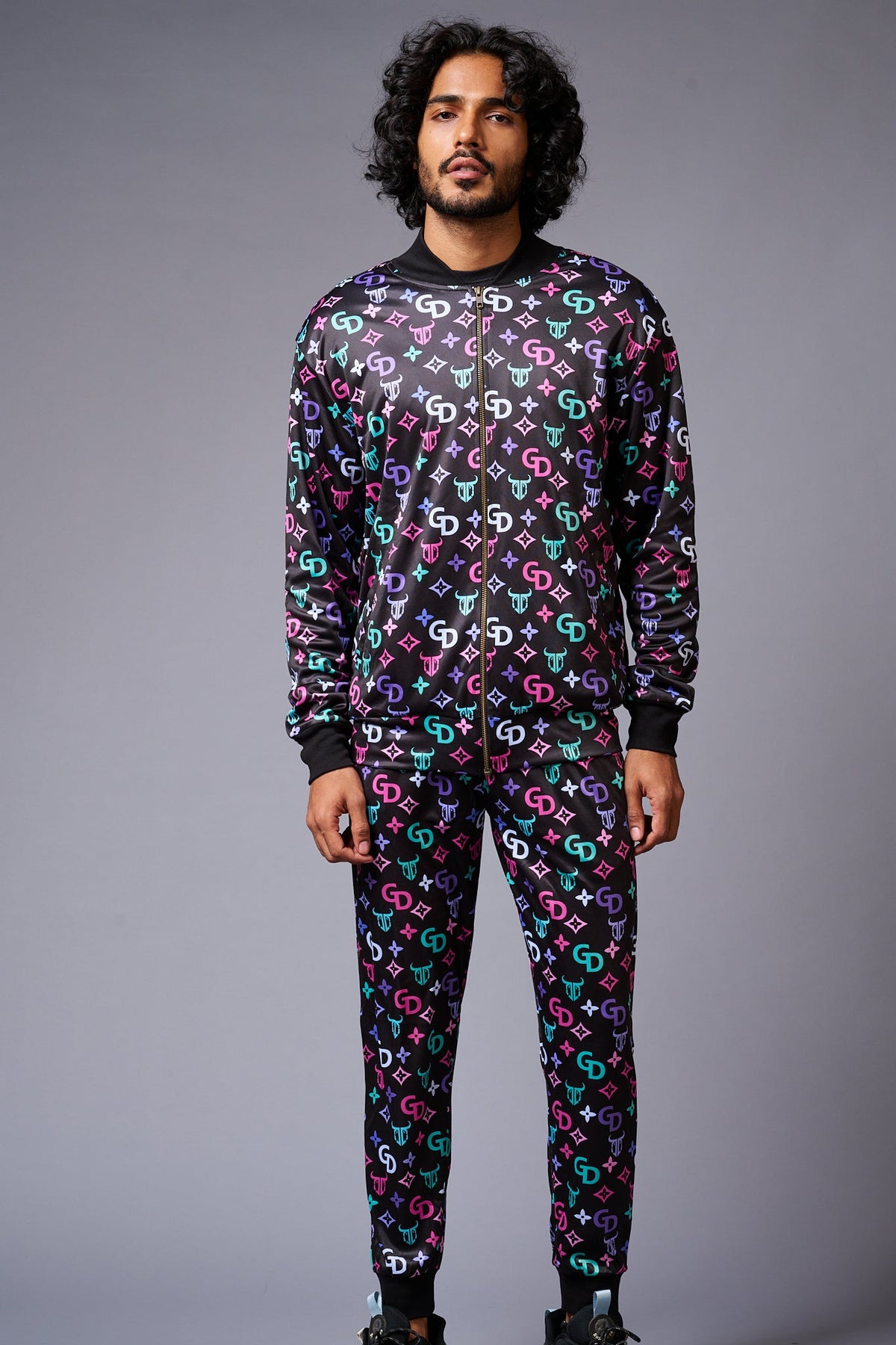 GD Logo Colourful Printed Black Bomber Style Jacket with Pant Co-ord Set for Men - Go Devil