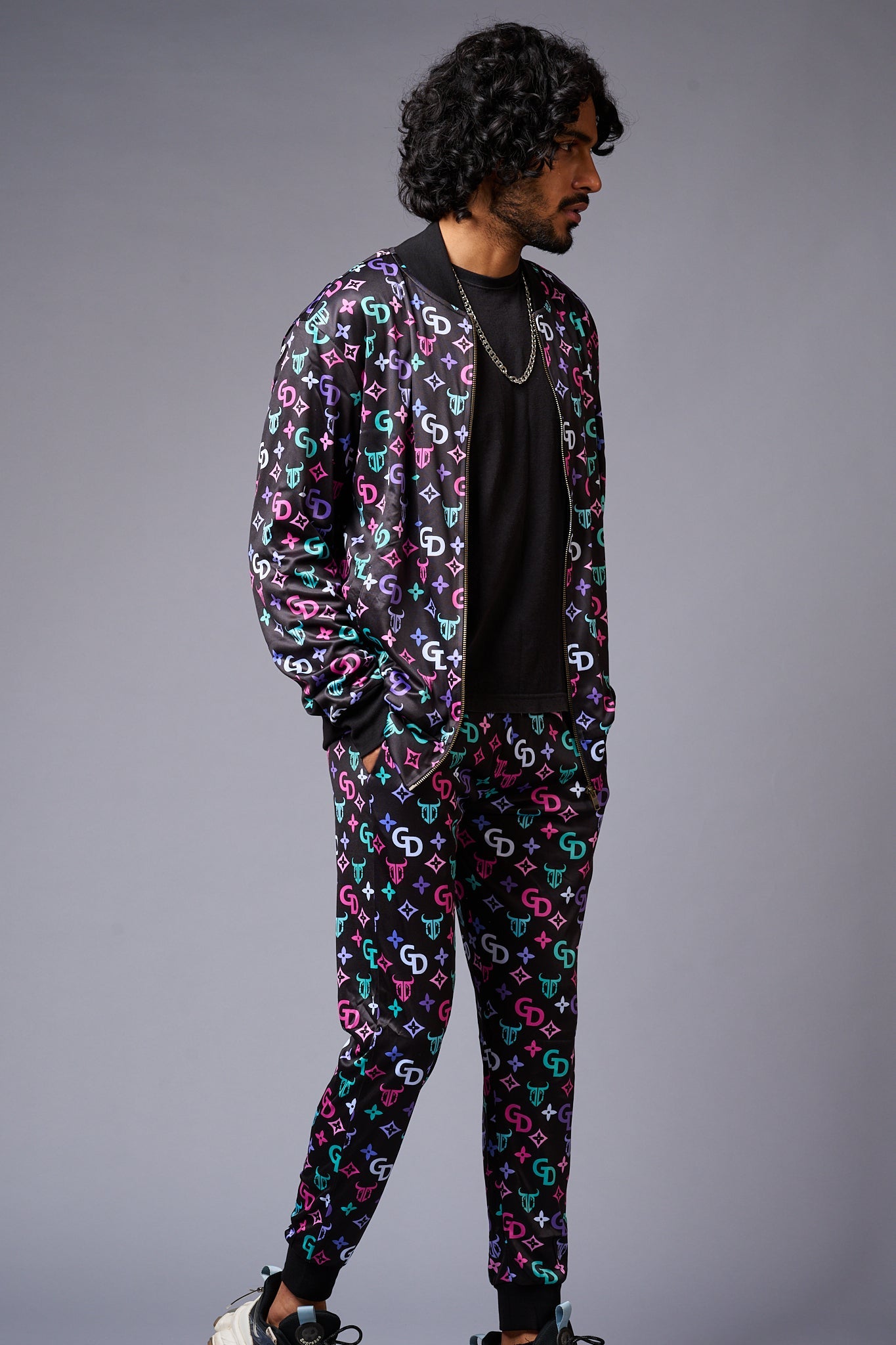 GD Logo Colourful Printed Black Bomber Style Jacket with Pant Co-ord Set for Men - Go Devil