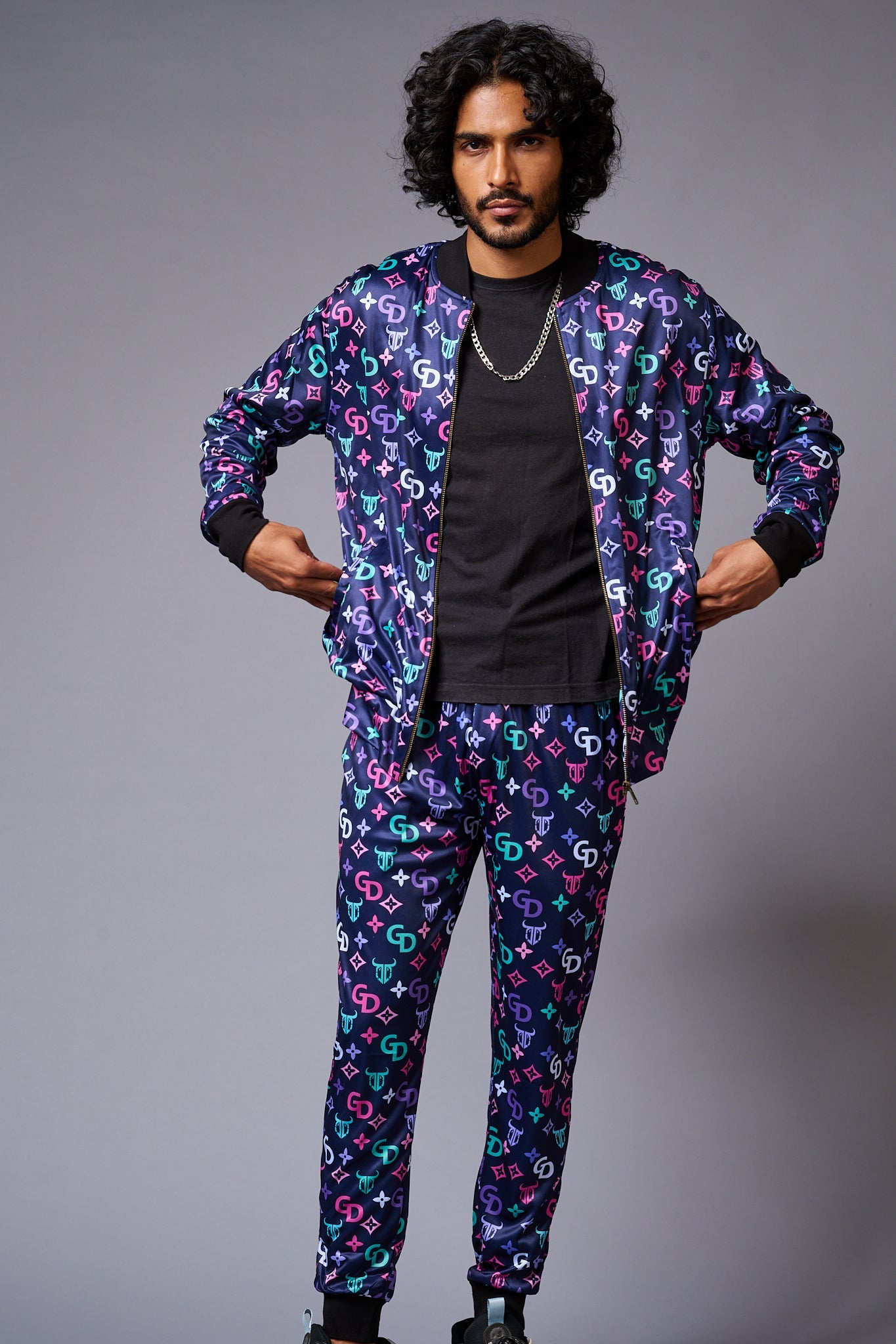 GD Logo Colourful Printed Black Bomber Style Jacket with Pant Co-ord Set for Men - Go Devil