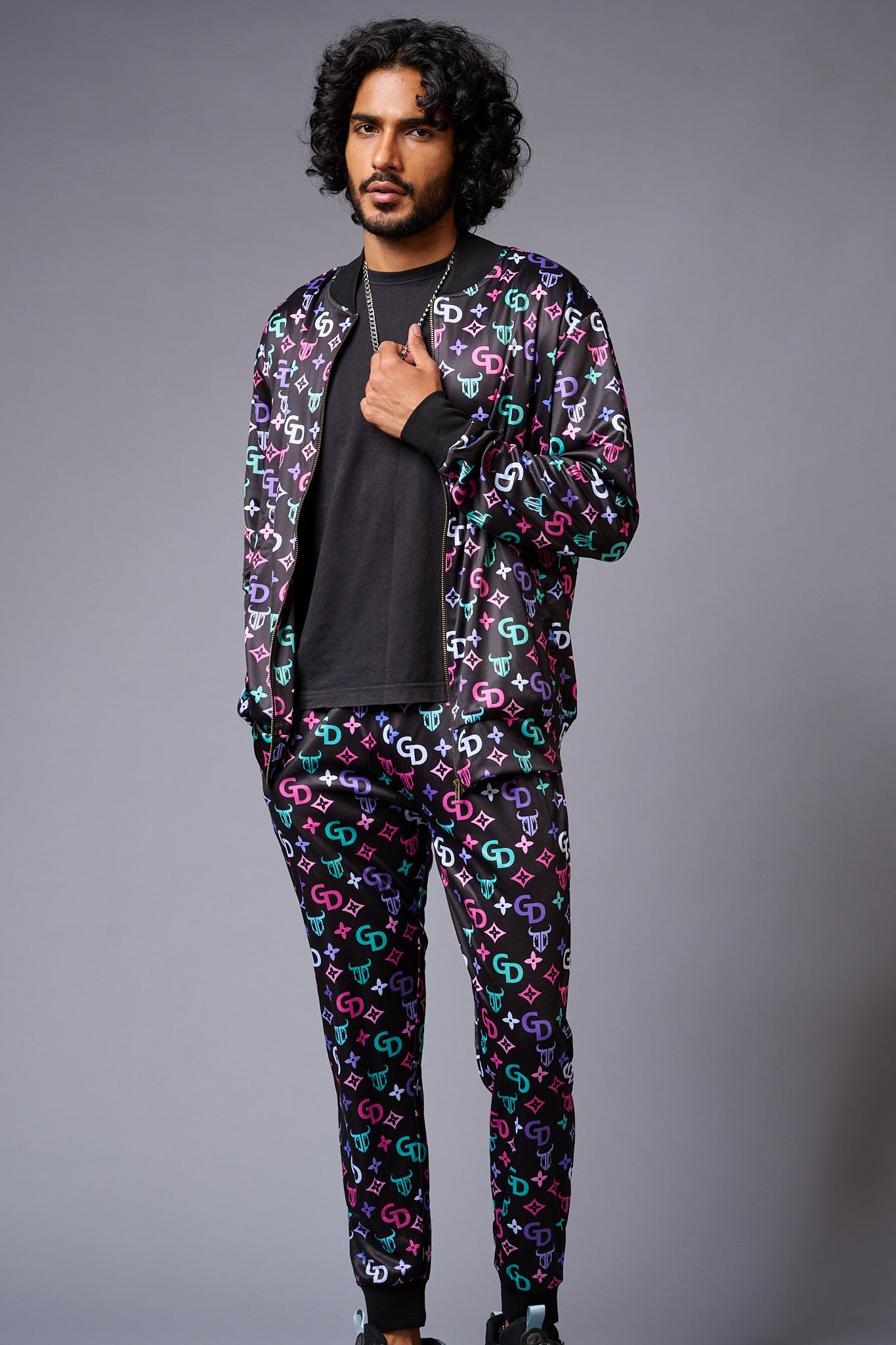 GD Logo Colourful Printed Black Bomber Style Jacket with Pant Co-ord Set for Men - Go Devil