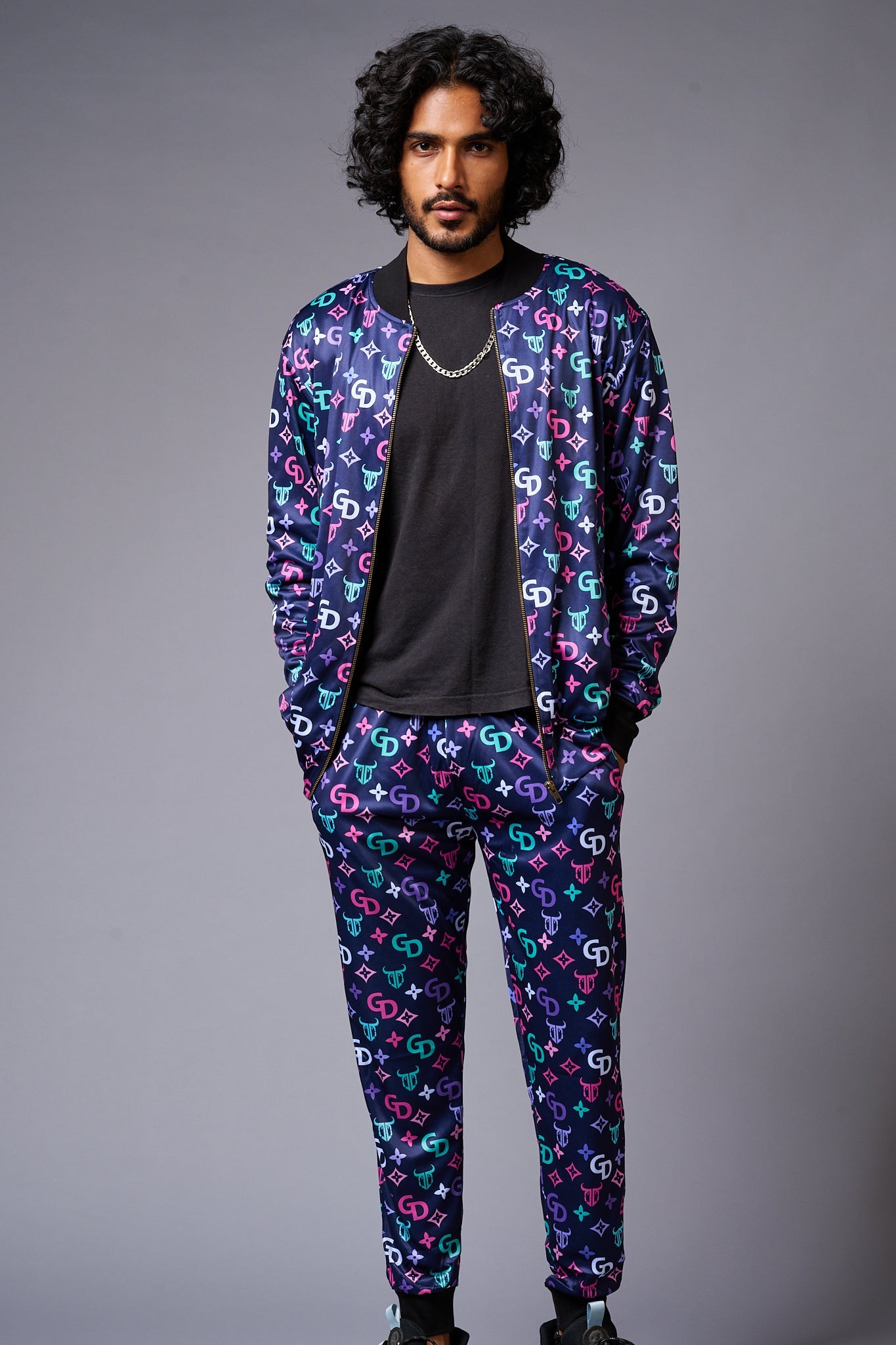 GD Logo Colourful Printed Black Bomber Style Jacket with Pant Co-ord Set for Men - Go Devil