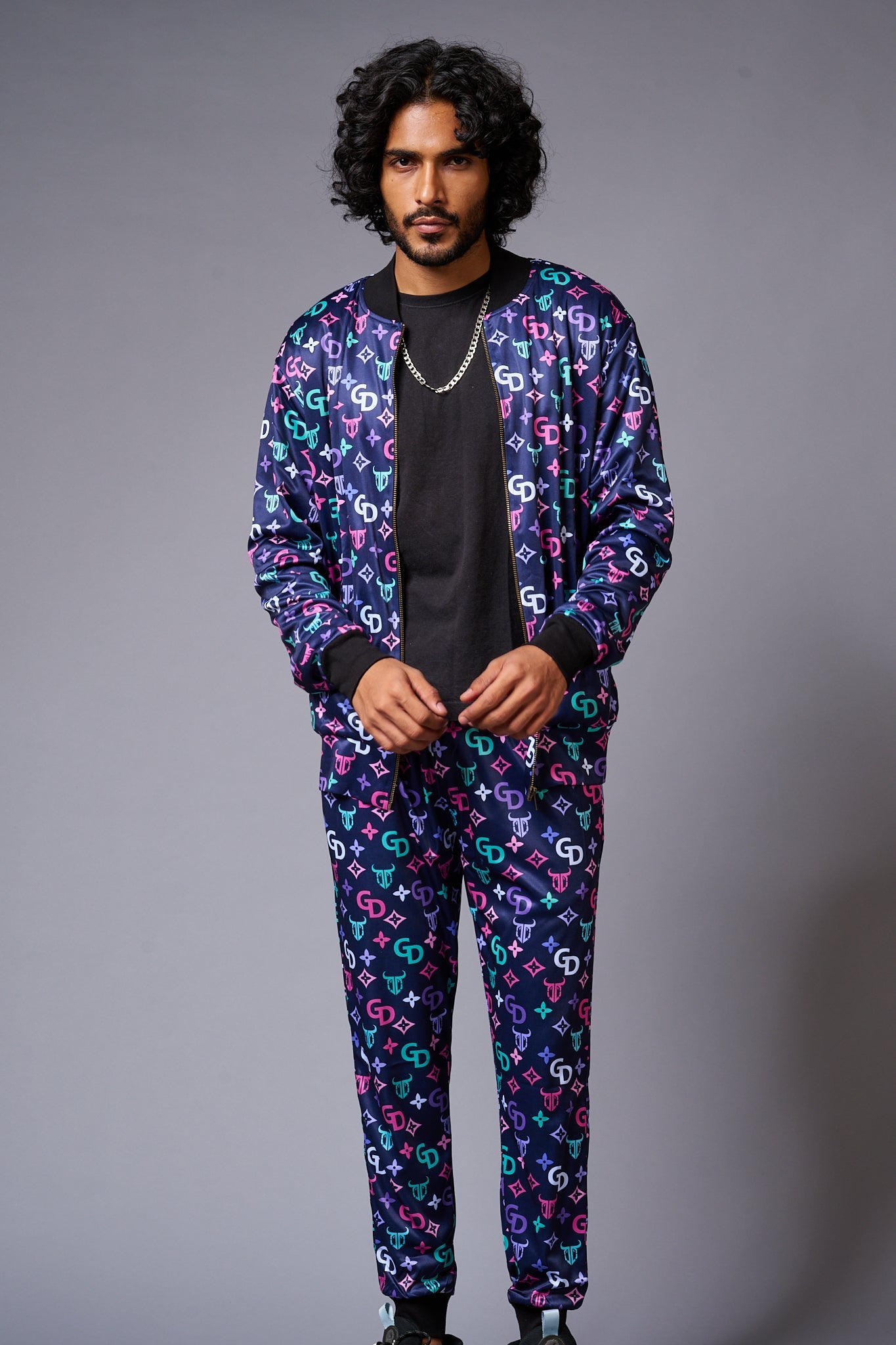 GD Logo Colourful Printed Black Bomber Style Jacket with Pant Co-ord Set for Men - Go Devil