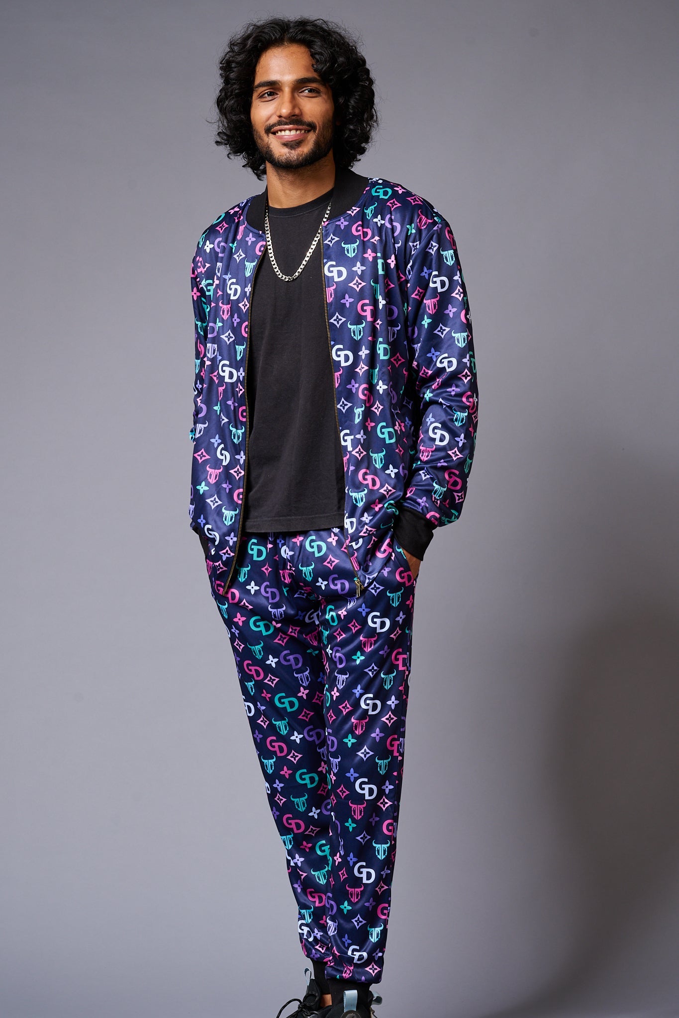 GD Logo Colourful Printed Black Bomber Style Jacket with Pant Co-ord Set for Men - Go Devil