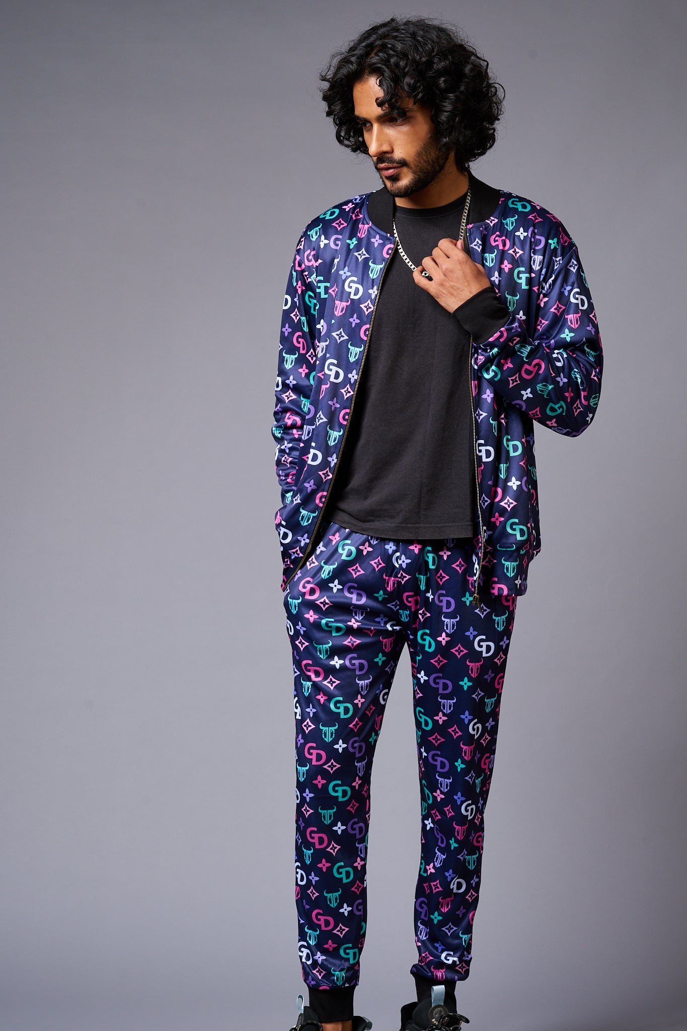 GD Logo Colourful Printed Black Bomber Style Jacket with Pant Co-ord Set for Men - Go Devil