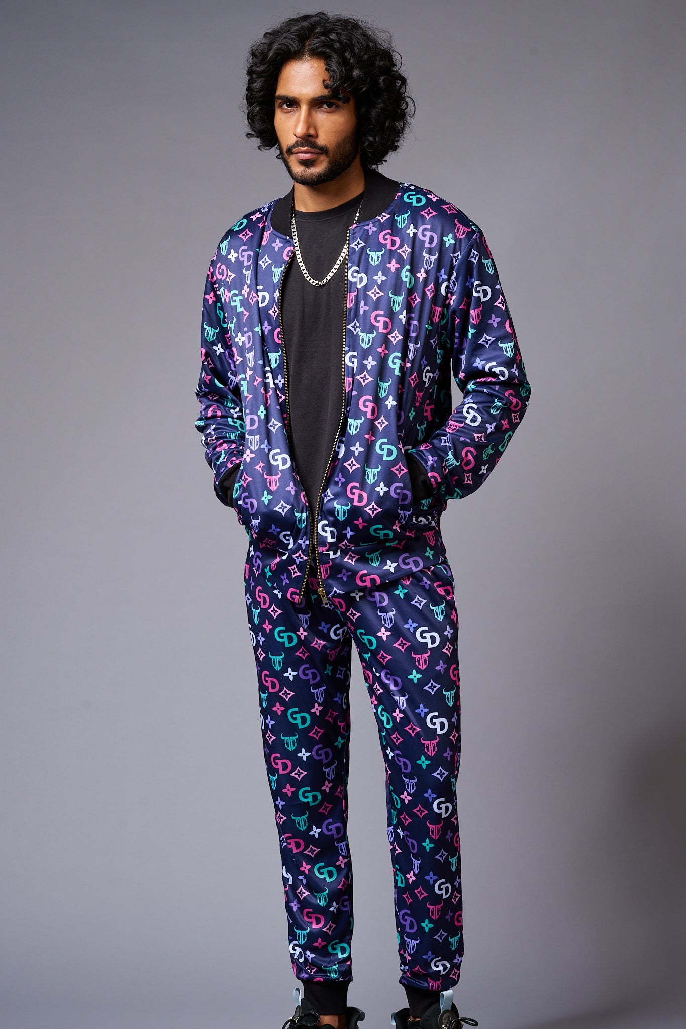 GD Logo Colourful Printed Black Bomber Style Jacket with Pant Co-ord Set for Men - Go Devil