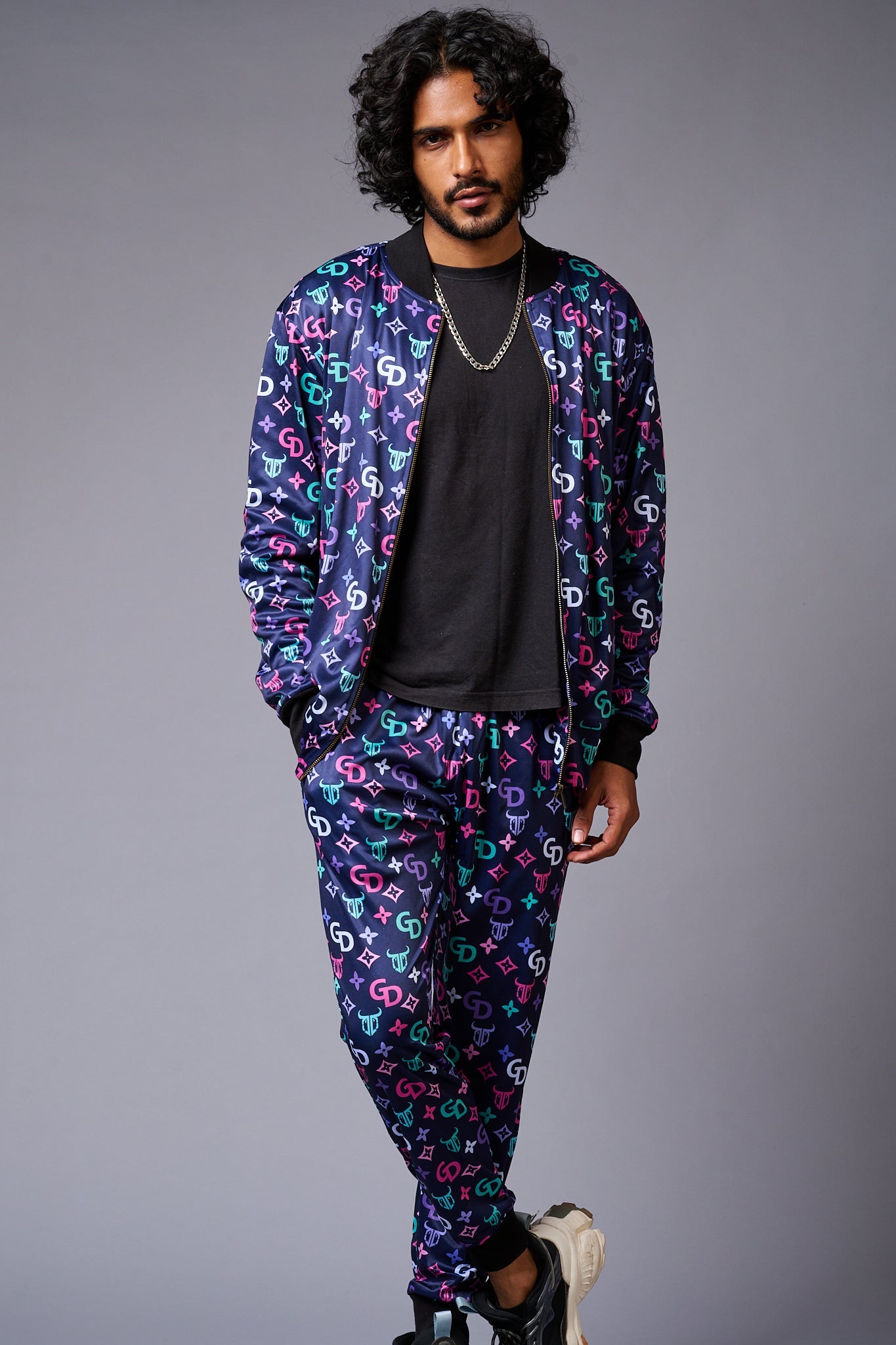 GD Logo Colourful Printed Black Bomber Style Jacket with Pant Co-ord Set for Men - Go Devil