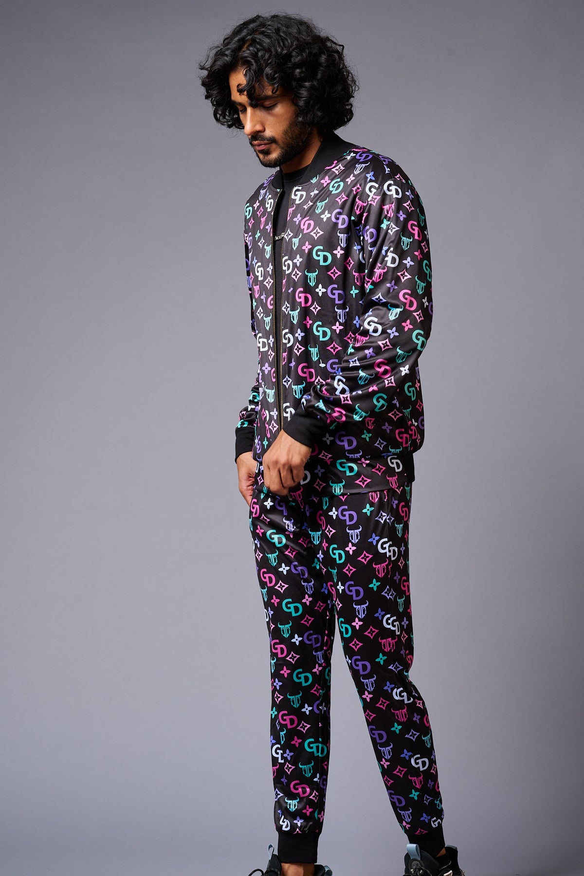 GD Logo Colourful Printed Black Bomber Style Jacket with Pant Co-ord Set for Men - Go Devil