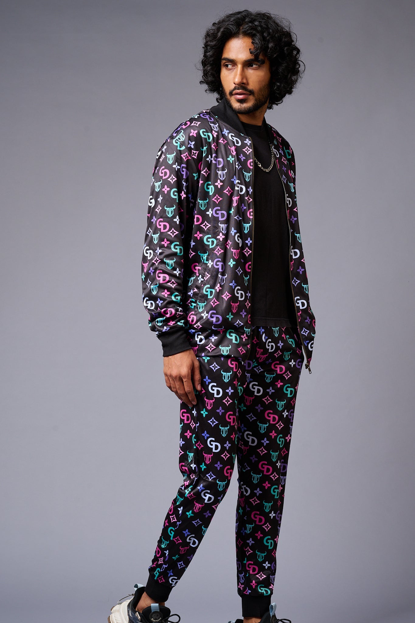 GD Logo Colourful Printed Black Bomber Style Jacket with Pant Co-ord Set for Men - Go Devil