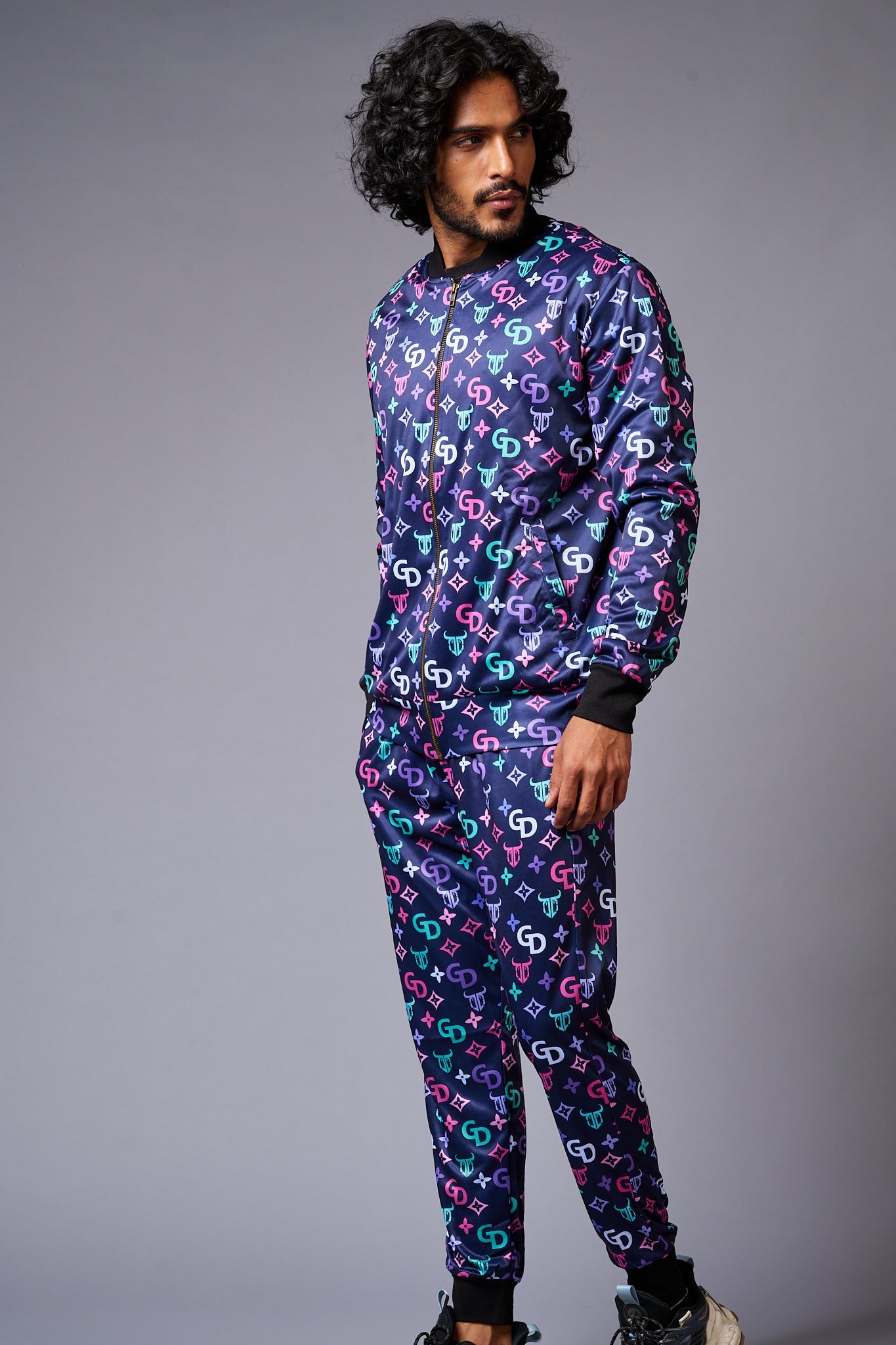 GD Logo Colourful Printed Black Bomber Style Jacket with Pant Co-ord Set for Men - Go Devil