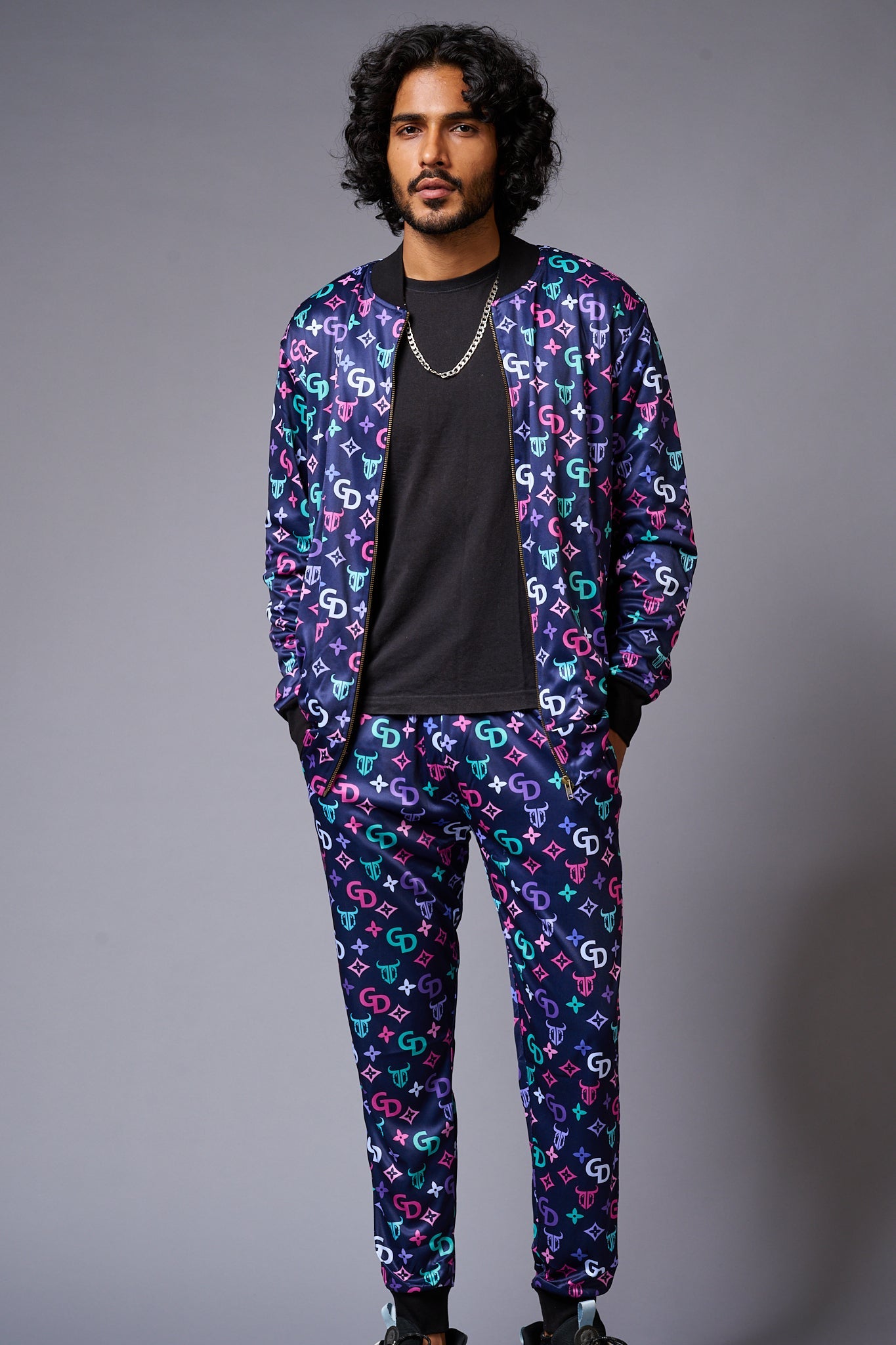 GD Logo Colourful Printed Black Bomber Style Jacket with Pant Co-ord Set for Men - Go Devil