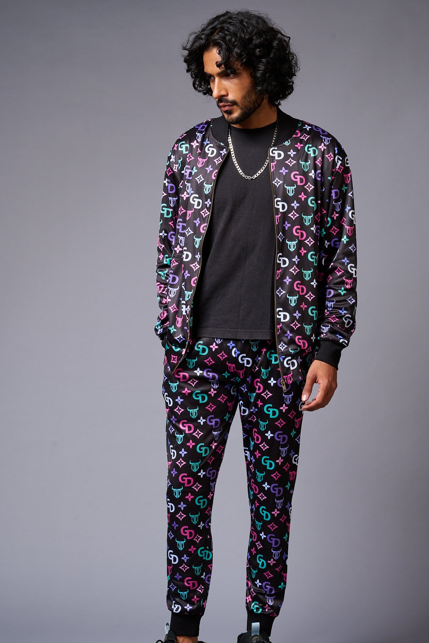 GD Logo Colourful Printed Black Bomber Style Jacket with Pant Co-ord Set for Men - Go Devil