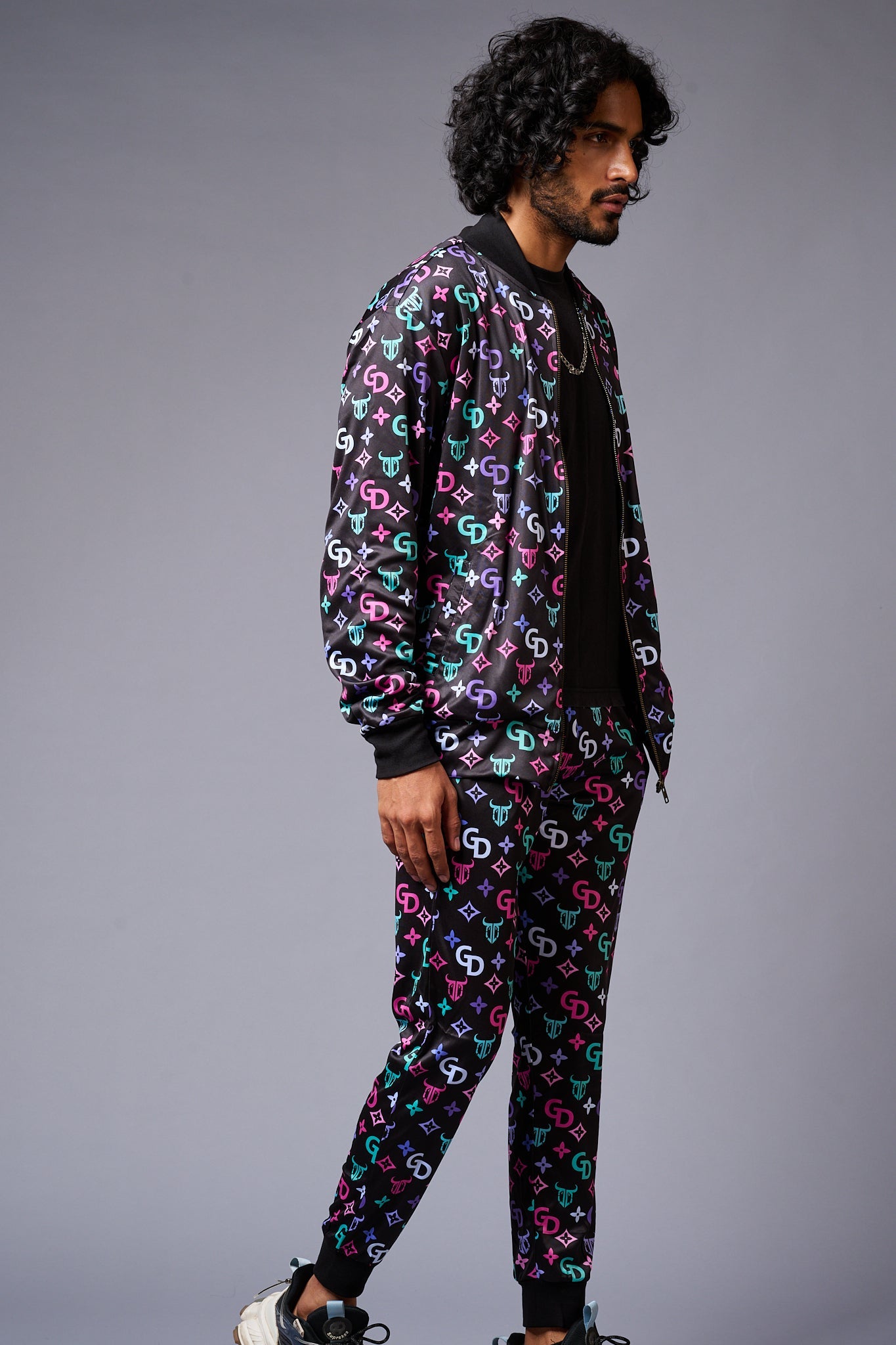 GD Logo Colourful Printed Black Bomber Style Jacket with Pant Co-ord Set for Men - Go Devil