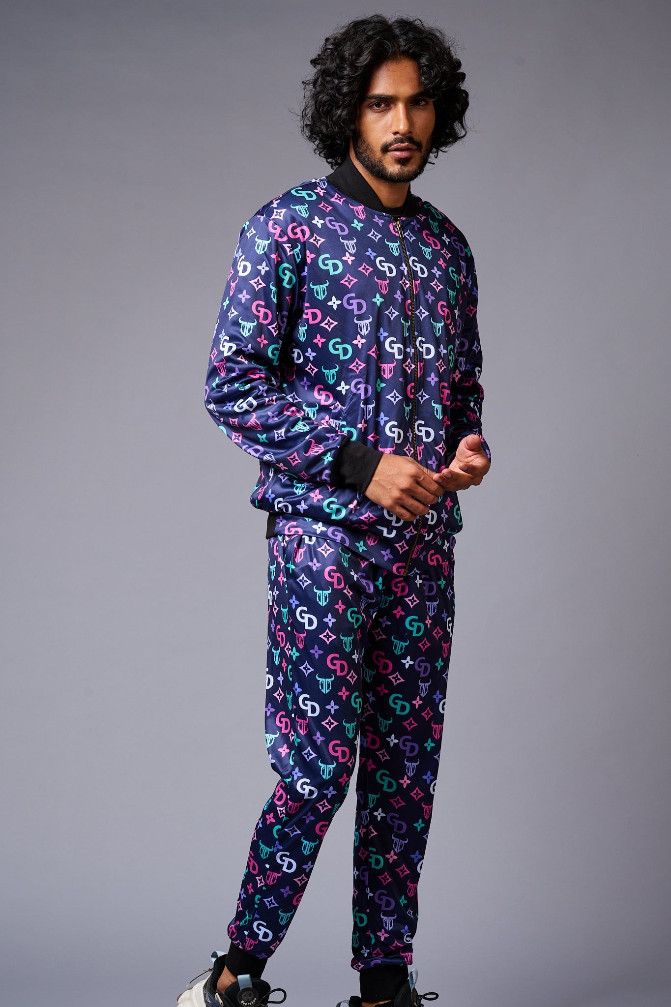 GD Logo Colourful Printed Black Bomber Style Jacket with Pant Co-ord Set for Men - Go Devil