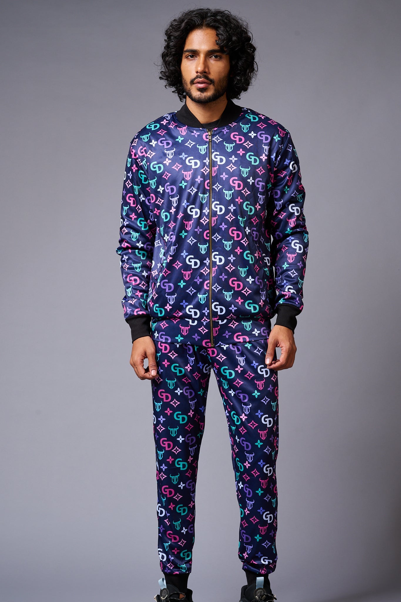 GD Logo Colourful Printed Black Bomber Style Jacket with Pant Co-ord Set for Men - Go Devil