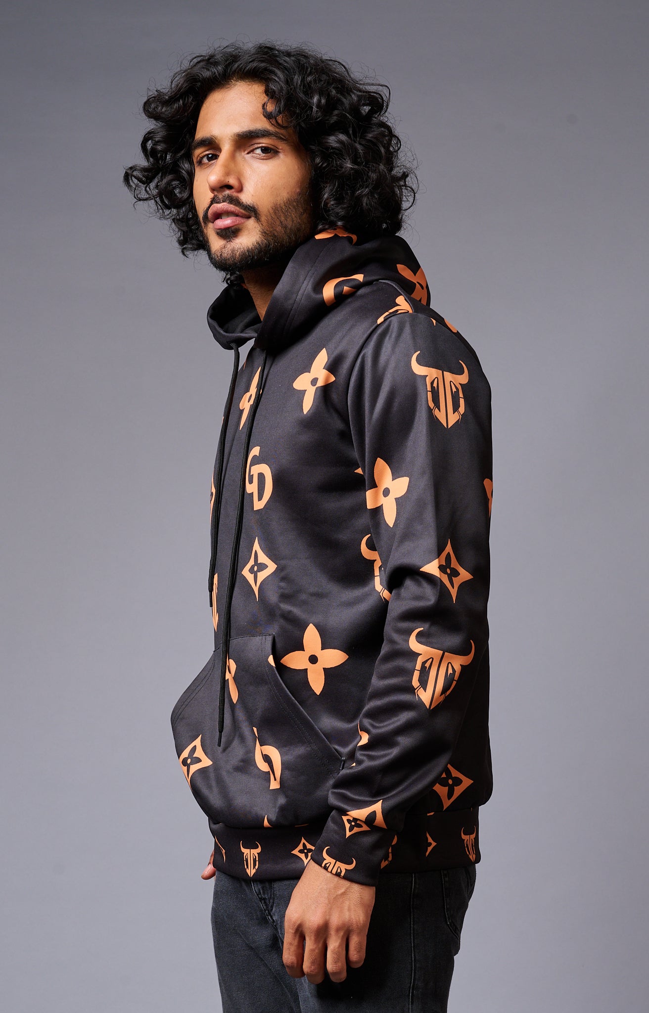 GD Logo (in orange) Printed Black Hoodie for Men - Go Devil