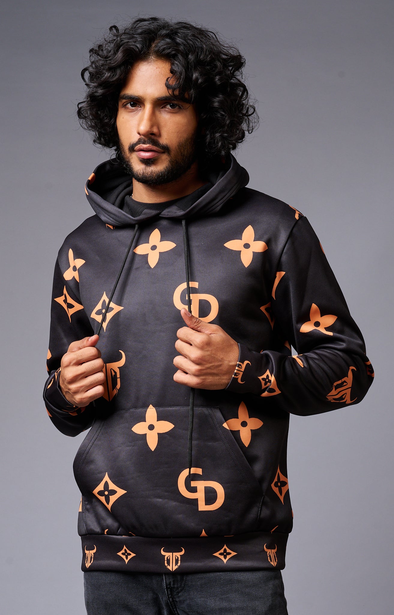 GD Logo (in orange) Printed Black Hoodie for Men - Go Devil