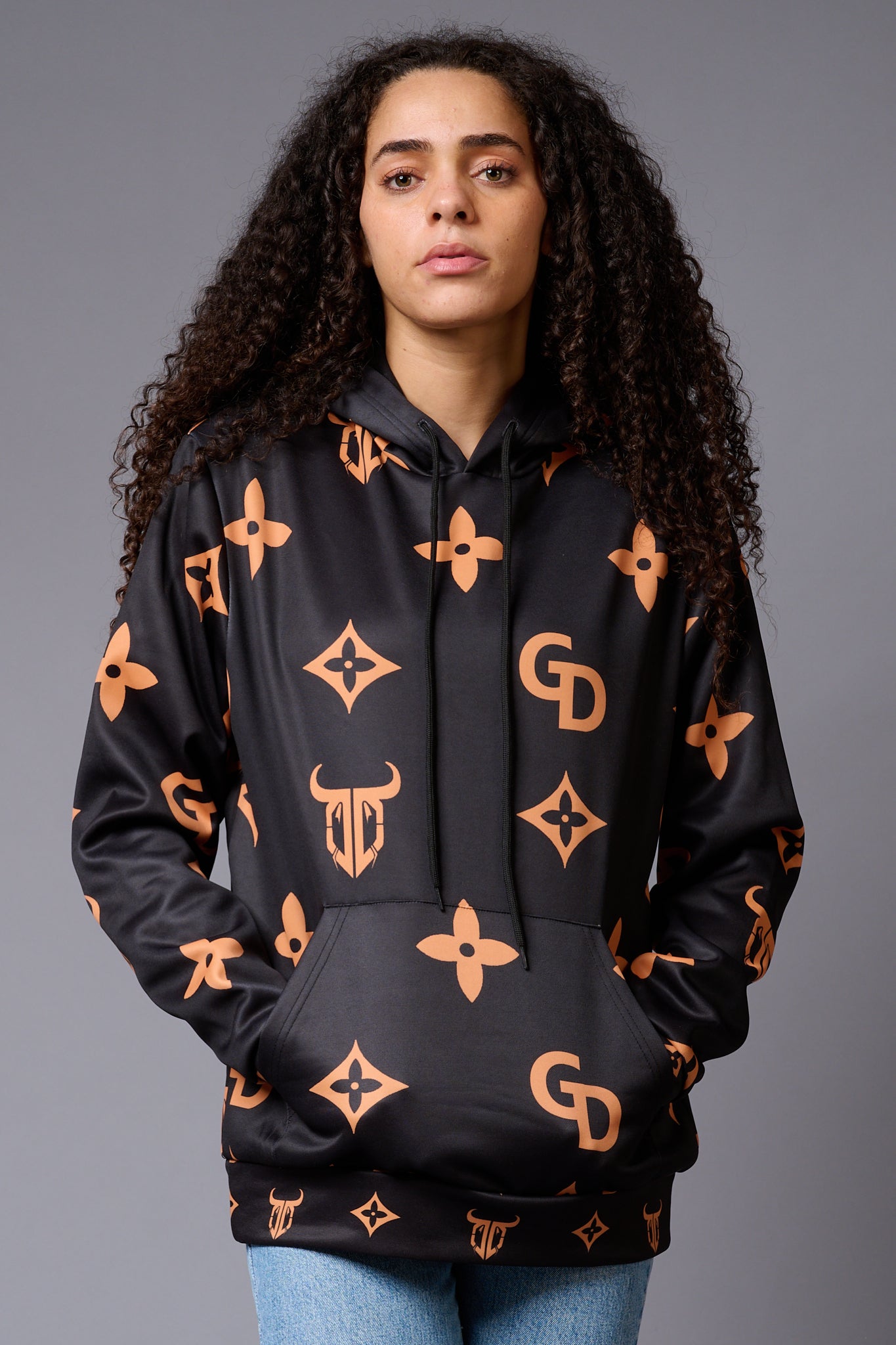 GD Logo (in orange)Printed Black Hoodie for Women - Go Devil