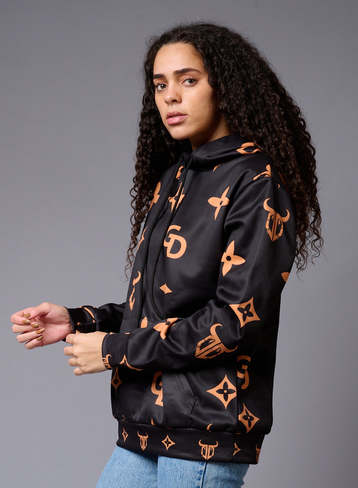 GD Logo (in orange)Printed Black Hoodie for Women - Go Devil
