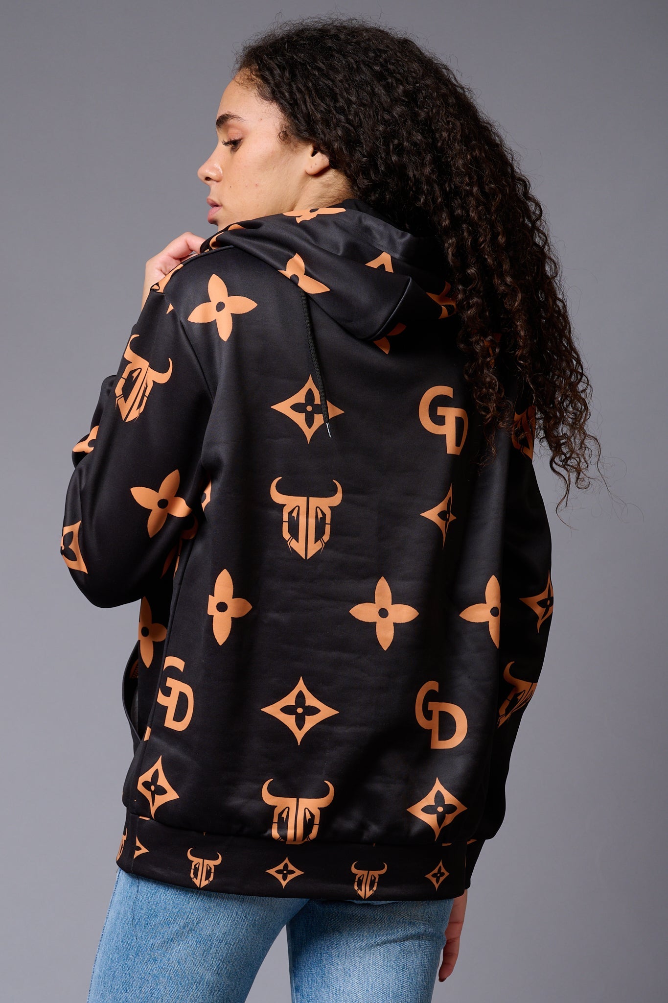 GD Logo (in orange)Printed Black Hoodie for Women - Go Devil